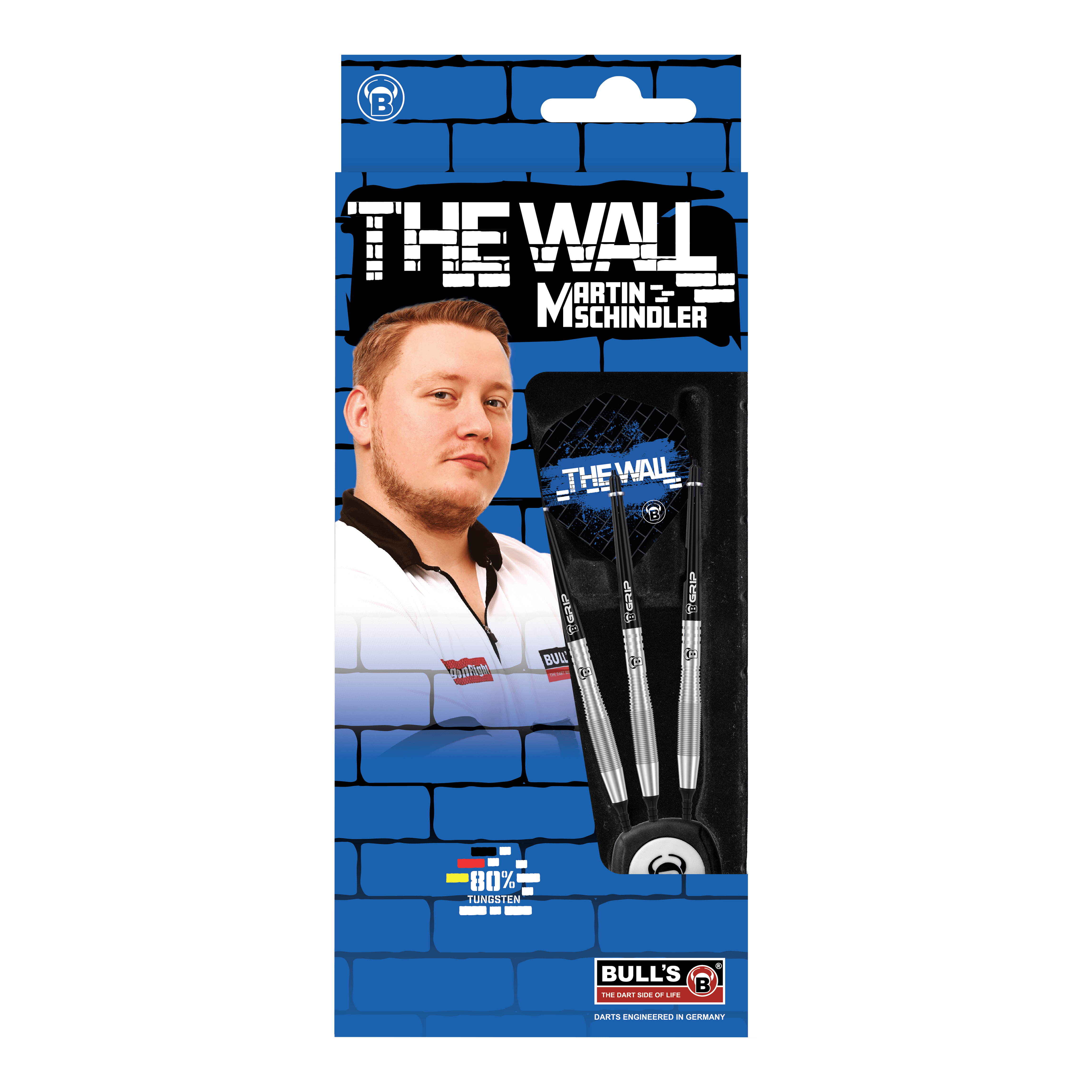Die Abbildung zeigt die Produktverpackung der "Bulls Martin Schindler TW80 Softdarts - 18g". Auf der Verpackung ist ein Bild von Martin Schindler sowie drei Softdarts und das Logo von BULL'S zu sehen.