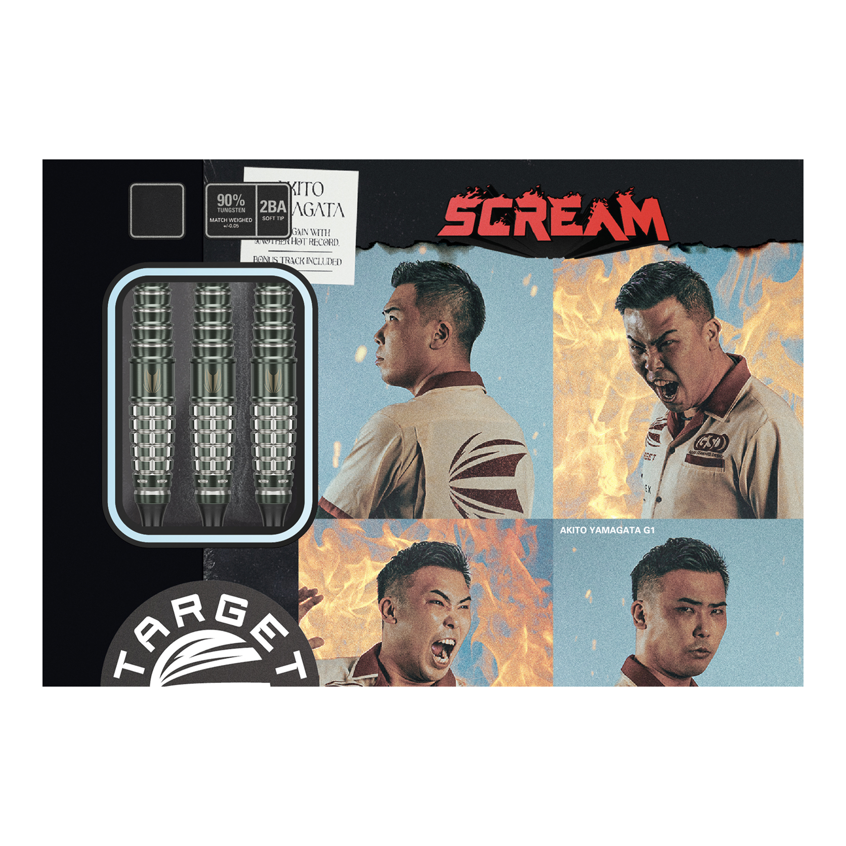 Fléchettes souples Target Japan Akito Yamagata Scream GEN1 - 19 g Das Bild zeigt die Verpackung der Target Japan Akito Yamagata Scream GEN1 Softdarts - 19g. Auf der Verpackung sind drei Darts sowie vier ausdrucksstarke Porträtfotos einer Person zu sehen.