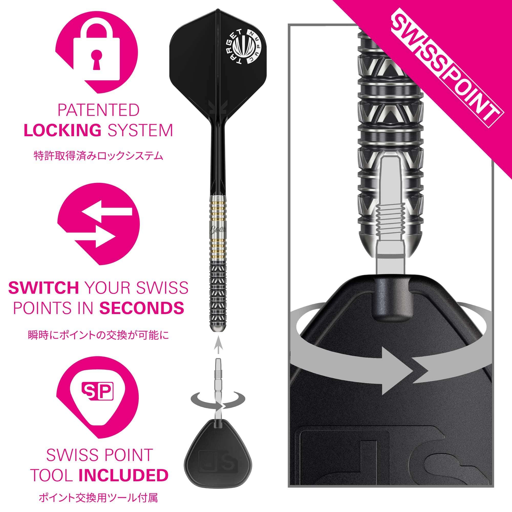 Auf dem Bild sind die Target Japan Beau Greaves Japan Edition Swiss Point Steeldarts zu sehen. Das Produkt ist für Dartspieler gedacht, die hochwertige Steeldarts bevorzugen.