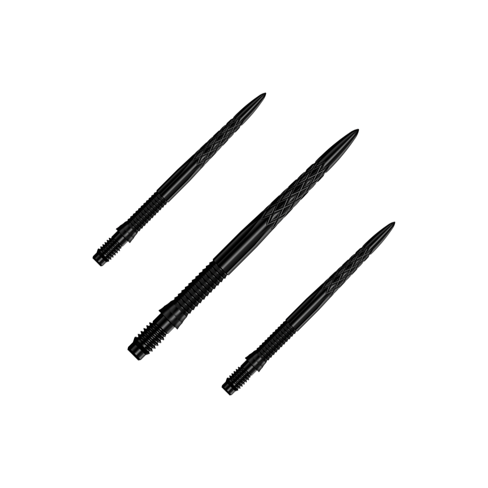 Pointes de fléchettes Mission R2.5 Rapid Point DSX - Noires Das Bild zeigt ein Set von schwarzen Dartspitzen, 30 mm lang. Die Dartspitzen sind zusammen gruppiert dargestellt.