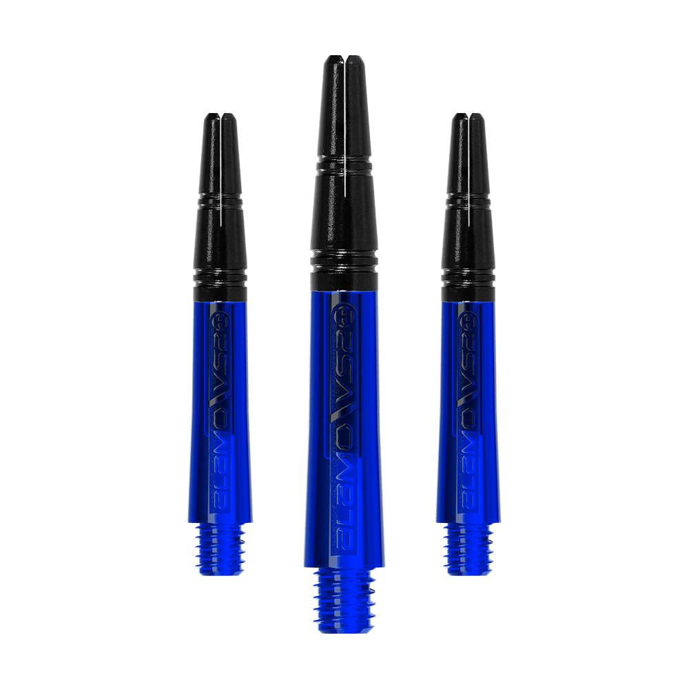 Tiges Harrow's Alamo VS2 - Bleues Das Bild zeigt drei blaue Dartschäfte mit schwarzem oberen Teil. Sie sind nebeneinander angeordnet und haben ein glänzendes Design.