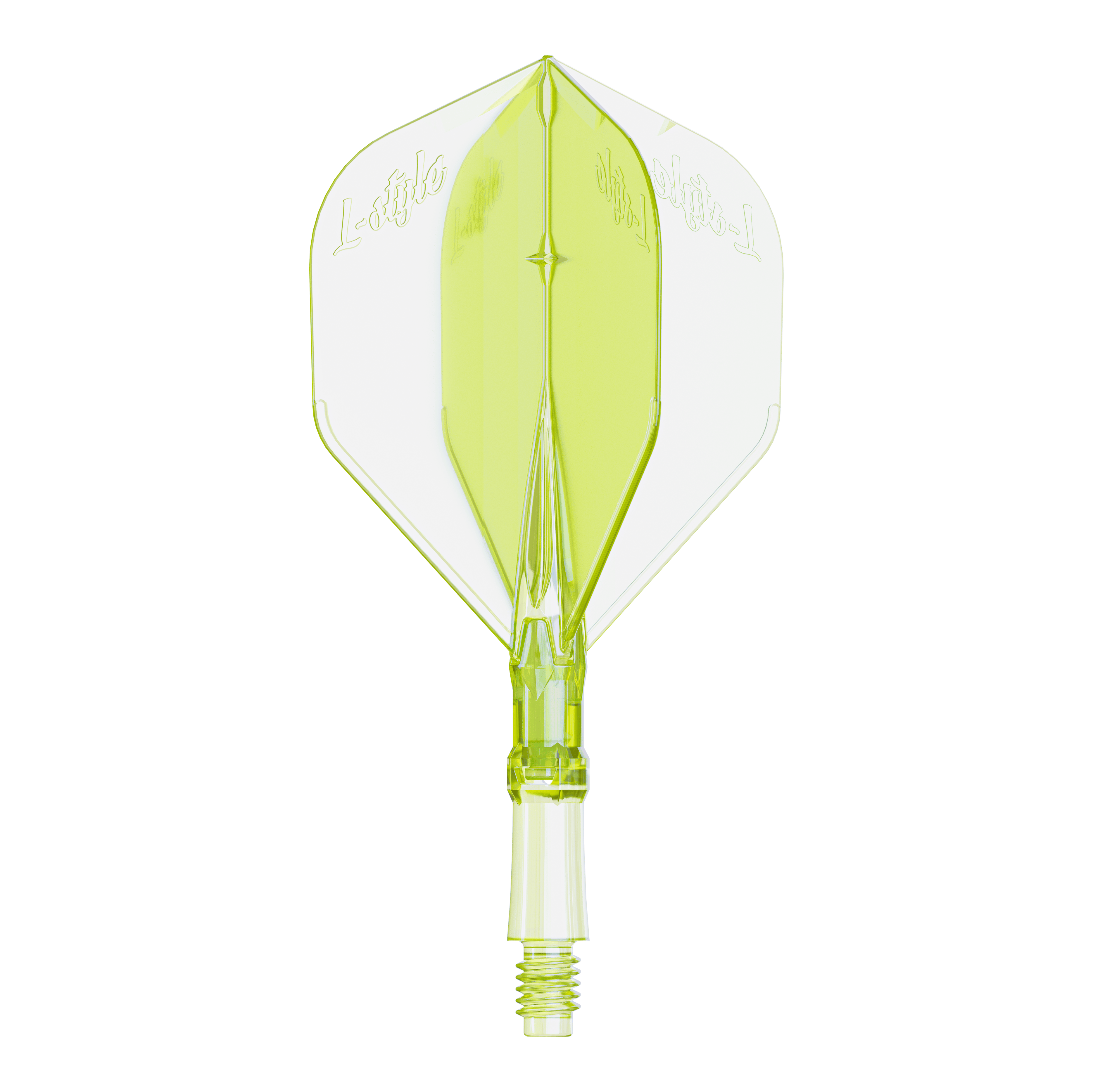 Kleine Dart-Flights in auffälligem Neongelb, vermutlich für das L-System. Diese Flights bieten eine auffällige Farbalternative für Darts.
