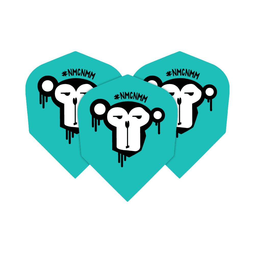 Pas mon cirque, pas mes singes NMCNMM Vols standards Das Bild zeigt drei türkisfarbene Darts-Flights mit dem Aufdruck eines stilisierten Affengesichts. Über dem Affenkopf steht die Abkürzung "#NMCNMM".