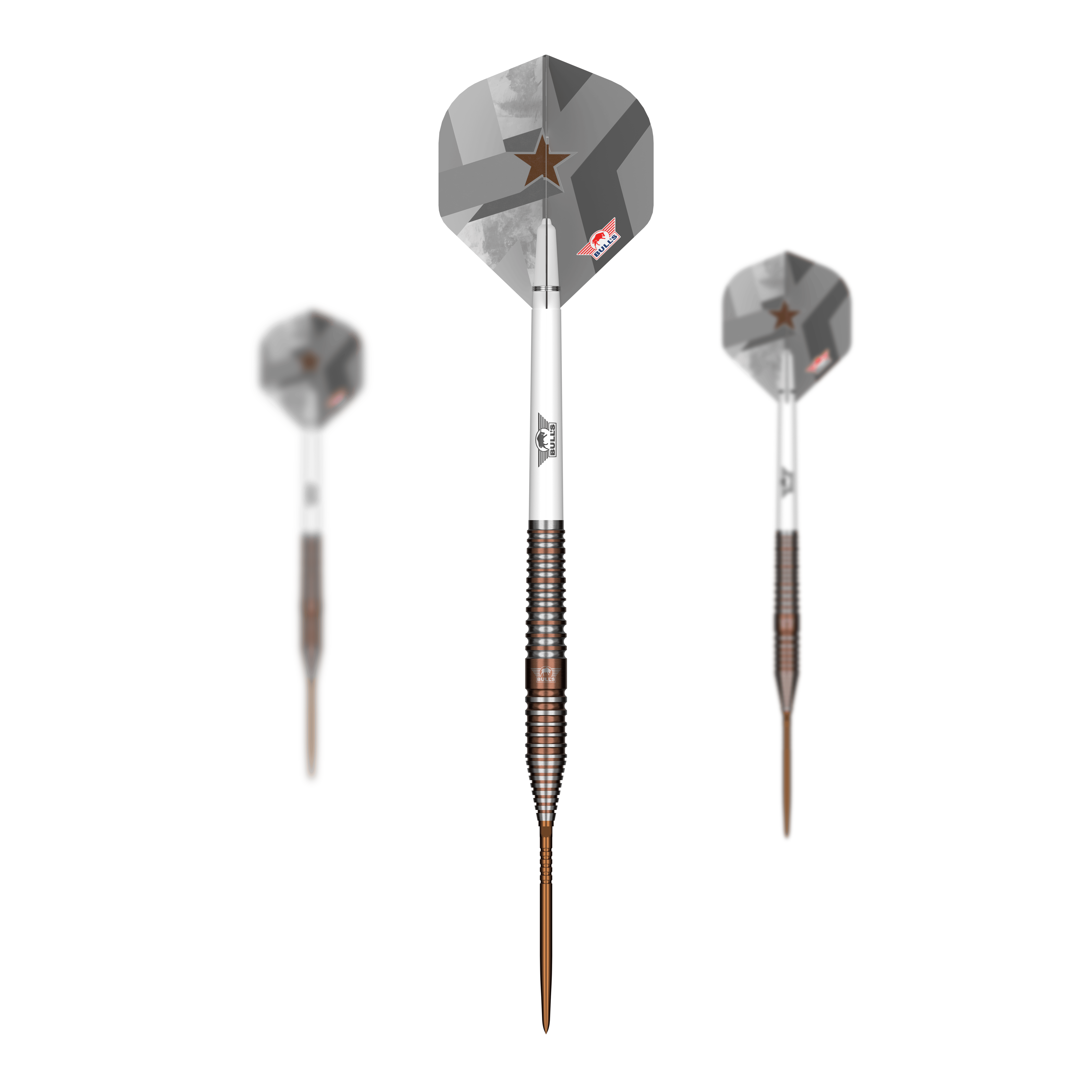 Fléchettes en acier à pointe convertible Bulls NL Max Hopp E5 Abgebildet ist das Set Bulls NL Max Hopp E5 Convertible Point Steeldarts. Mehrere Pfeile sind sichtbar angeordnet.