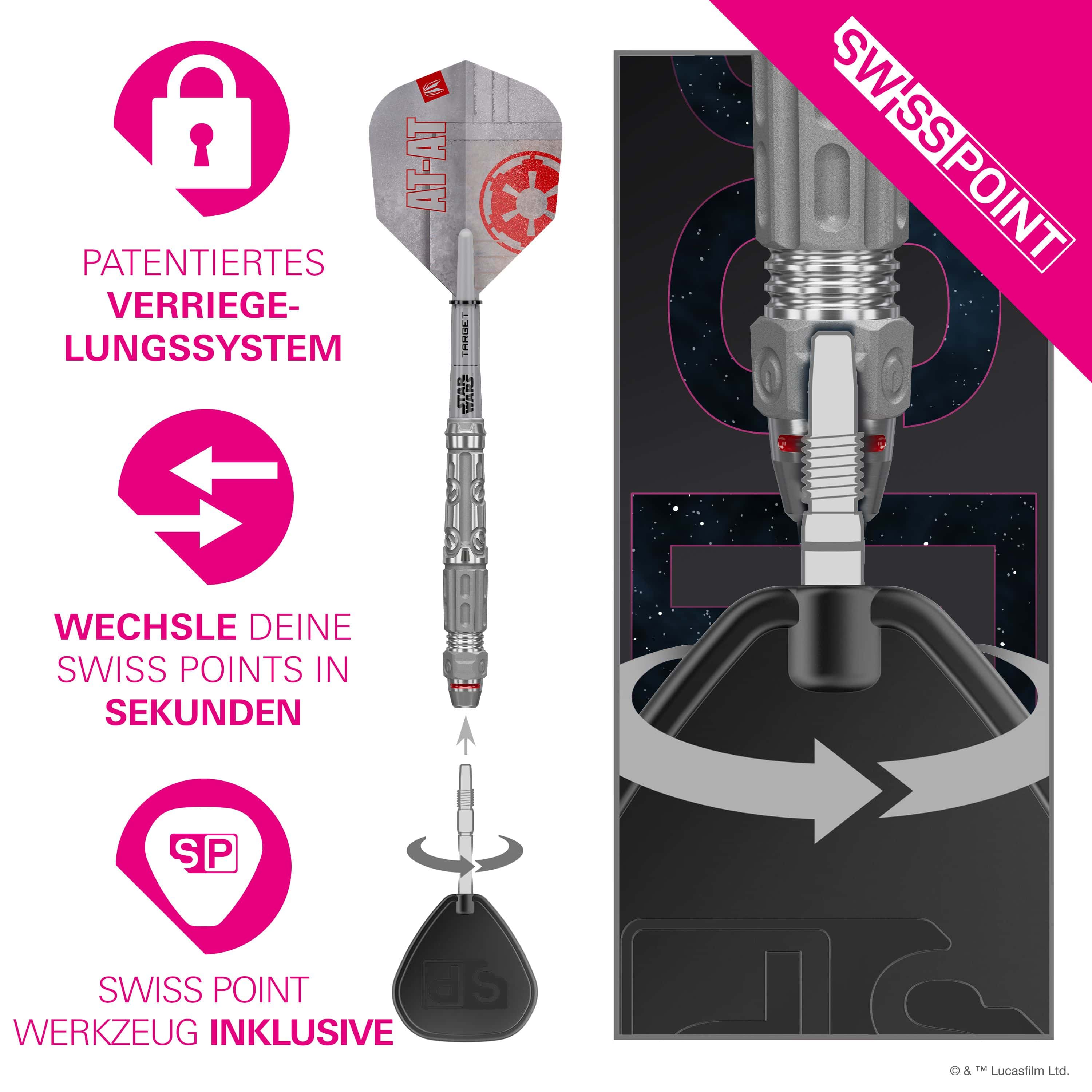 Fléchettes en acier Target Star Wars AT-AT Swiss Point Hier sind die Target Star Wars AT-AT Swiss Point Steeldarts abgebildet. Die Darts haben ein einzigartiges Design aus dem Star Wars Universum.