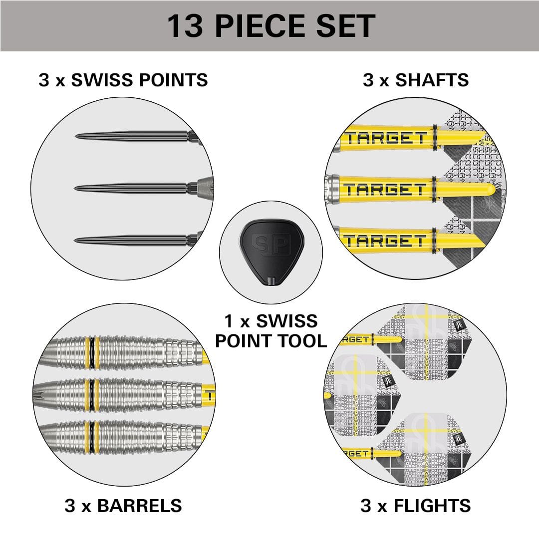 Fléchettes en acier Target Scott Williams GEN2 Swiss Point Dieses Bild zeigt das 13-teilige Target Scott Williams GEN2 Swiss Point Steeldarts Set. Es enthält 3 Swiss Points, 3 Shafts, 3 Barrels, 3 Flights und 1 Swiss Point Tool.