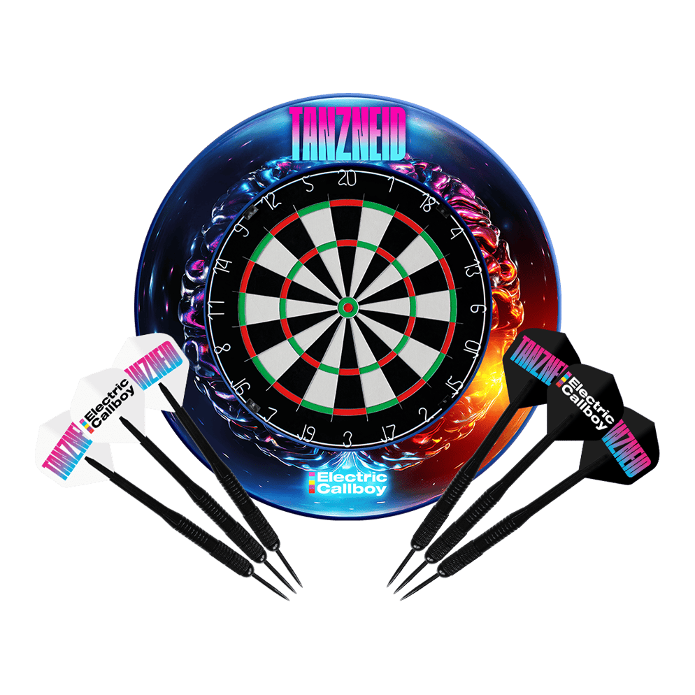 Ensemble cible de fléchettes en acier Electric Callboy Tanzneid et son contour Gezeigt wird das Electric Callboy Tanzneid Steeldartboard und Surround Bundle. Das Set beinhaltet eine Dartscheibe und Umrandung.