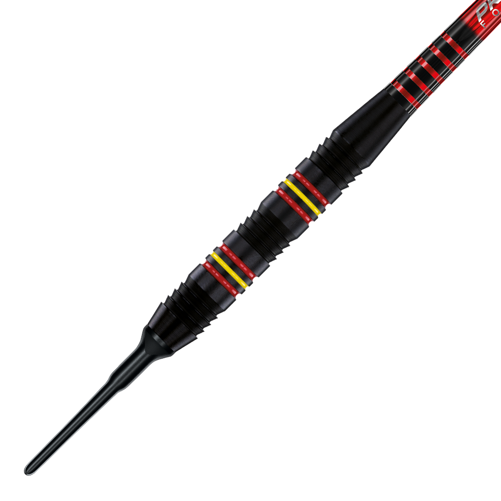 Das Bild zeigt einen Winmau Outrage V2 Black Coated Brass Softdart mit einem Gewicht von 18g. Der Dart ist schwarz beschichtet und hat rote und gelbe Akzentringe auf dem Griffstück.