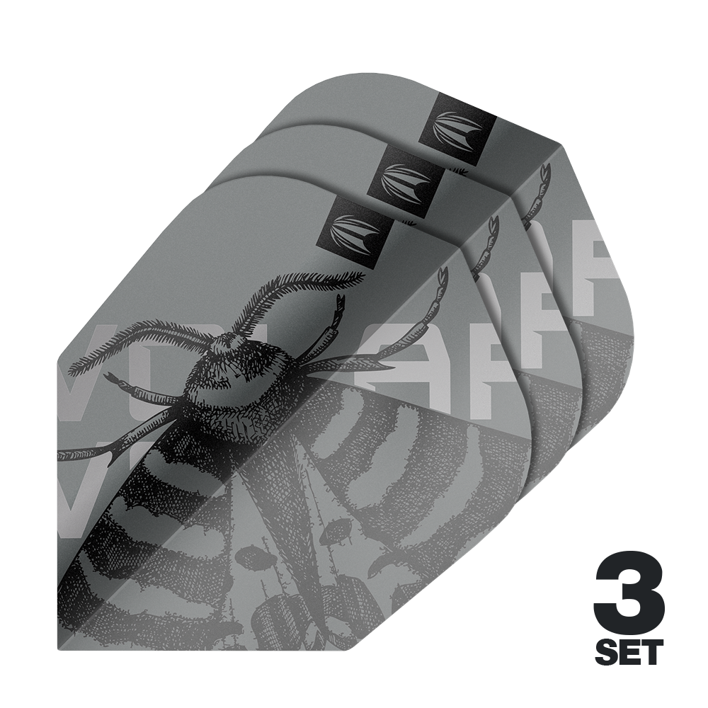 Ailettes Target Pro Ultra Volar n° 6 - 3 jeux Das Bild zeigt drei Sets der Target Pro Ultra Volar No6 Flights. Die Flights sind grau mit einem detaillierten Insektenmotiv gestaltet.