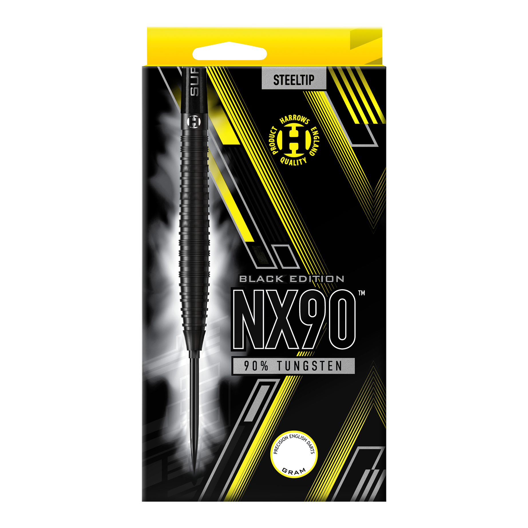 Fléchettes en acier Harrows NX90 Black Edition à pointe rapide conique Die Abbildung zeigt die Harrows NX90 Black Edition Tapered Quick Point Steeldarts. Sie haben eine elegante, konische Silhouette und sind komplett schwarz.