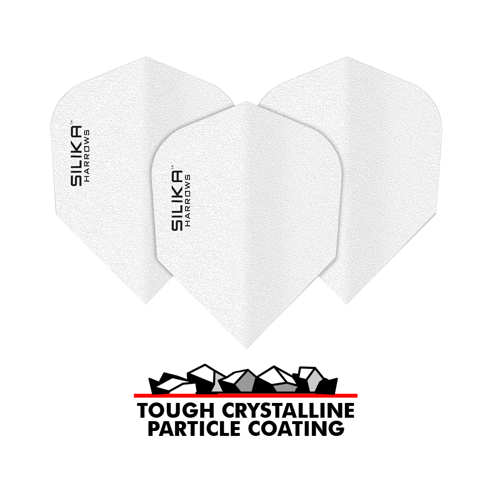 Harrows Silice Solide Résistant Revêtement Cristallin Blanc No6 Vols Das Bild zeigt drei weiße Dartflights mit der Aufschrift "SILIKA HARROWS". Darunter steht "TOUGH CRYSTALLINE PARTICLE COATING" zusammen mit einer grafischen Darstellung von Kristallen.