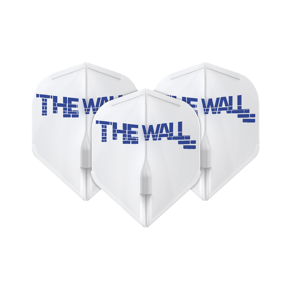 Das Bild zeigt drei weiße Dart-Flights mit der blauen Aufschrift "THE WALL". Die Flights sind das Modell L-Style Martin Schindler Weiß L1EZ.