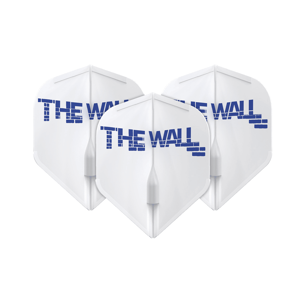 Vols L-Style Martin Schindler Blanc L1EZ Das Bild zeigt drei weiße Dart-Flights mit der blauen Aufschrift "THE WALL". Die Flights sind das Modell L-Style Martin Schindler Weiß L1EZ.