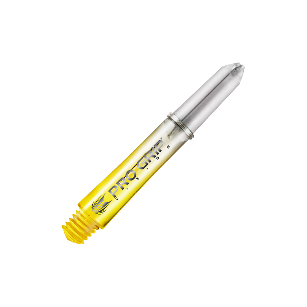 Tiges Target Pro Grip Vision - 3 jeux - Jaune Das Bild zeigt einen gelben Dart-Schaft mit der Aufschrift "Pro Grip Vision". Der Schaft ist durchsichtig und hat ein modernes Design.