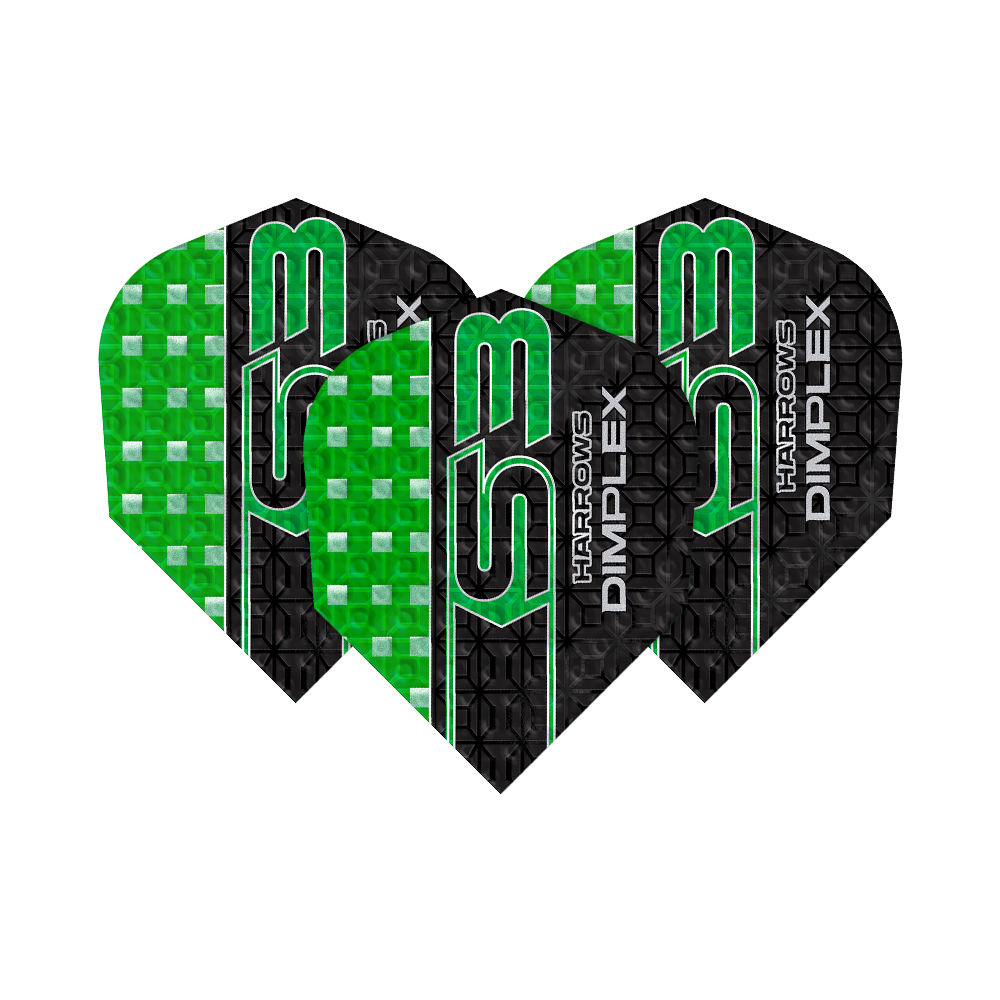 Volets Harrows Dimplex S3 - Vert Das Bild zeigt drei grüne und schwarze Dart-Flights des Modells "Harrows Dimplex S3". Auf den Flights steht der Text "Harrows Dimplex S3" in grüner und weißer Schrift.