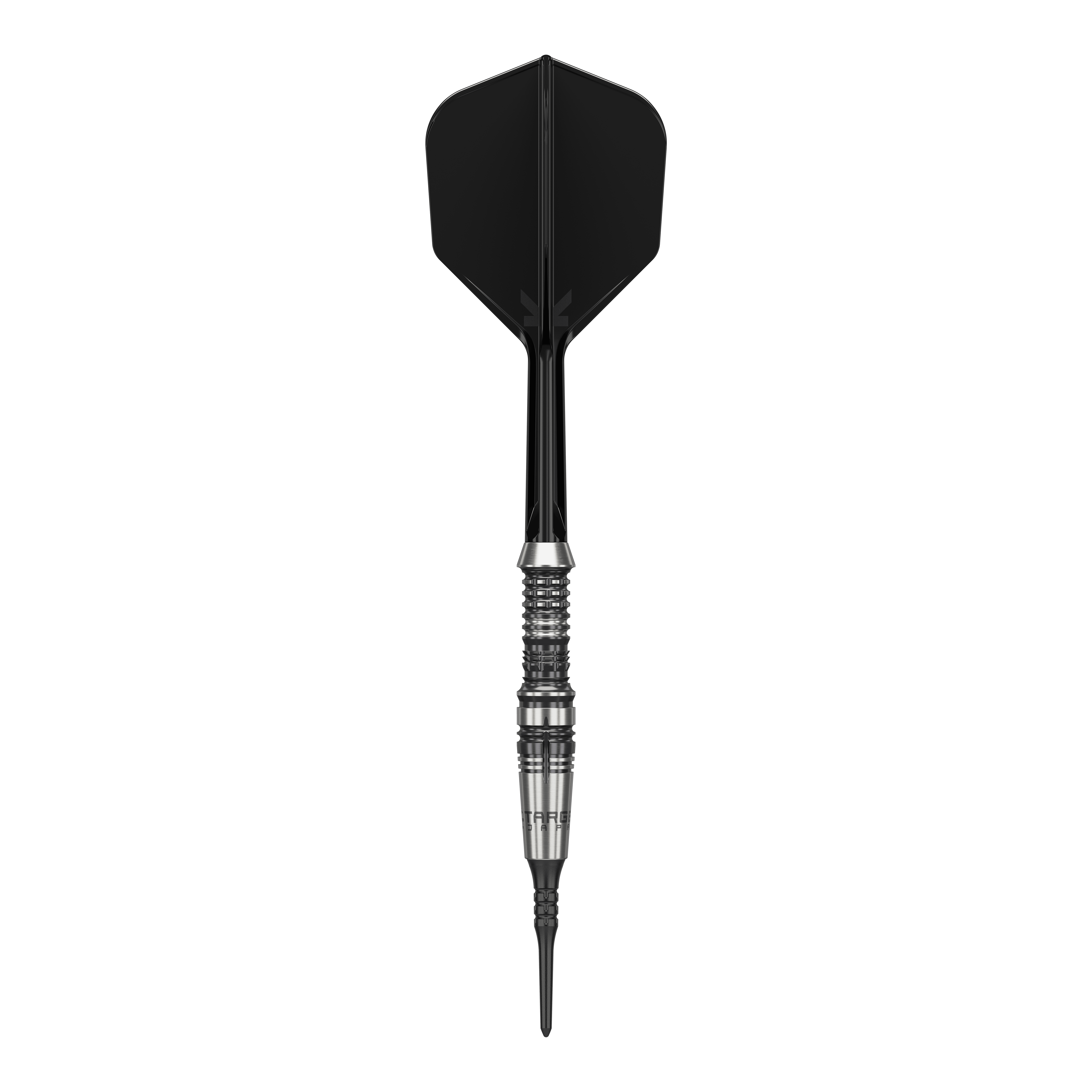 Das Bild zeigt einen Softdart der Marke 'Target Japan Black Marque Heracles' mit einem Gewicht von 18g. Der Dart hat ein elegantes Design mit schwarz-silbernem Barrel und schwarzer Spitze sowie Flight.