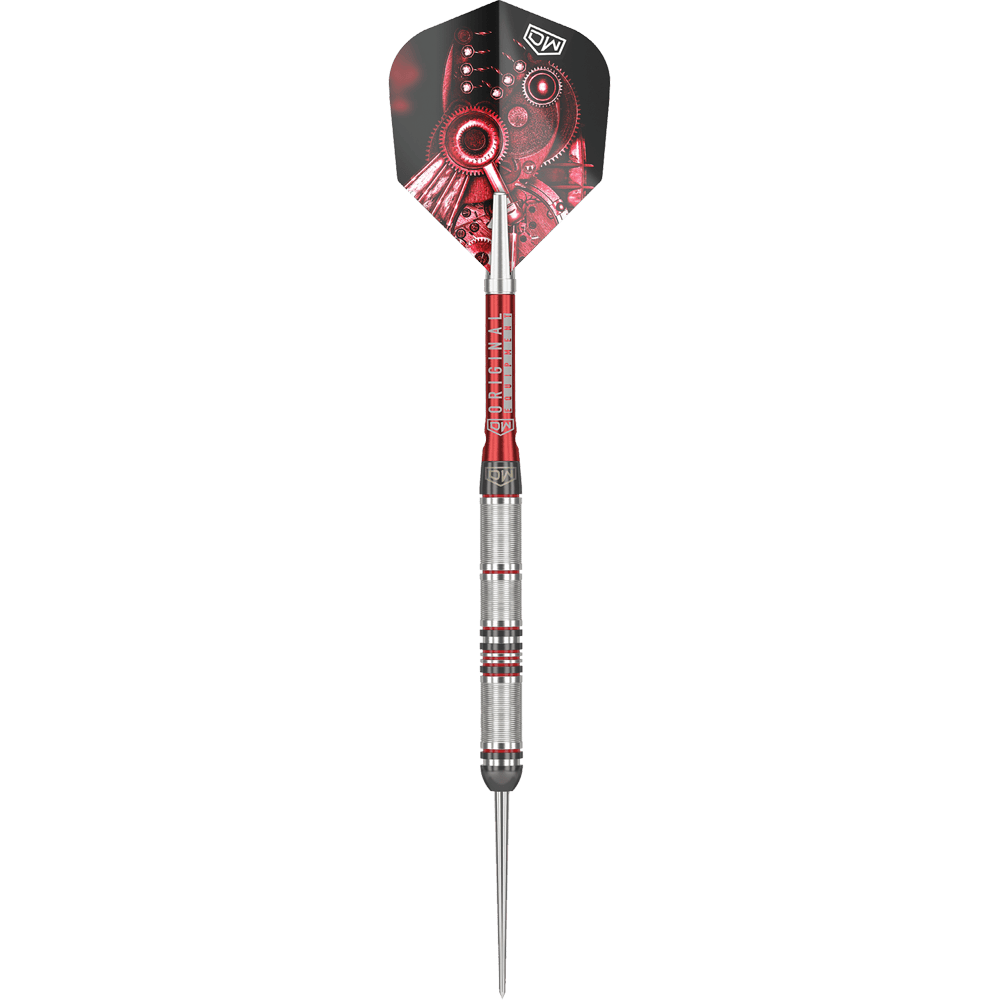 Fléchettes en acier DW Piranha Razor 01 Das Bild zeigt den Steeldart "DW Piranha Razor 01". Der Dart hat ein silbernes Griffstück mit roten Akzenten und eine Flight mit mechanischem Design.