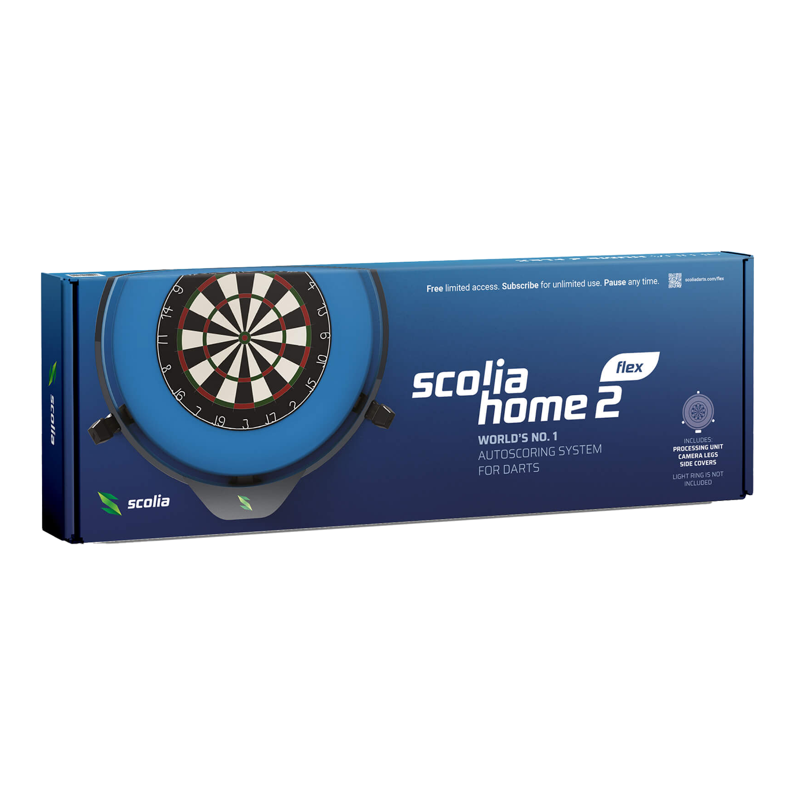 Scolia Home 2 FLEX - Système de notation électronique automatique 2026 Das Bild zeigt die Verpackung des Produkts "Scolia Home 2 FLEX – Elektronisches Punktesystem". Es ist ein automatisches Auswertungssystem für Darts.