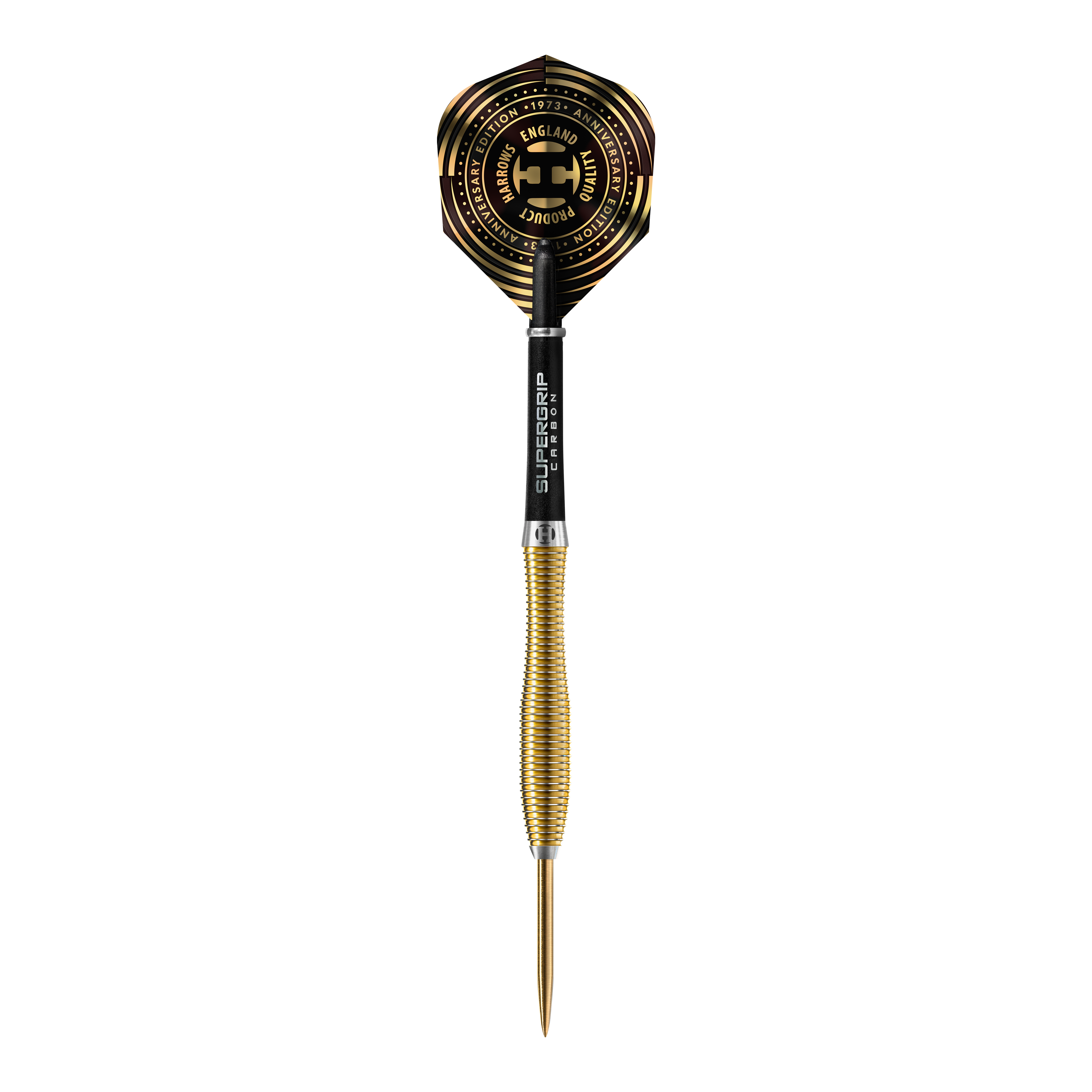 Fléchettes en acier V-Wing édition anniversaire Harrows Dies ist ein goldfarbener Steeldart mit einer schwarzen und goldenen Flight. Auf dem Flight steht „Harrows Anniversary Edition“ und andere Beschriftungen in goldener Farbe.