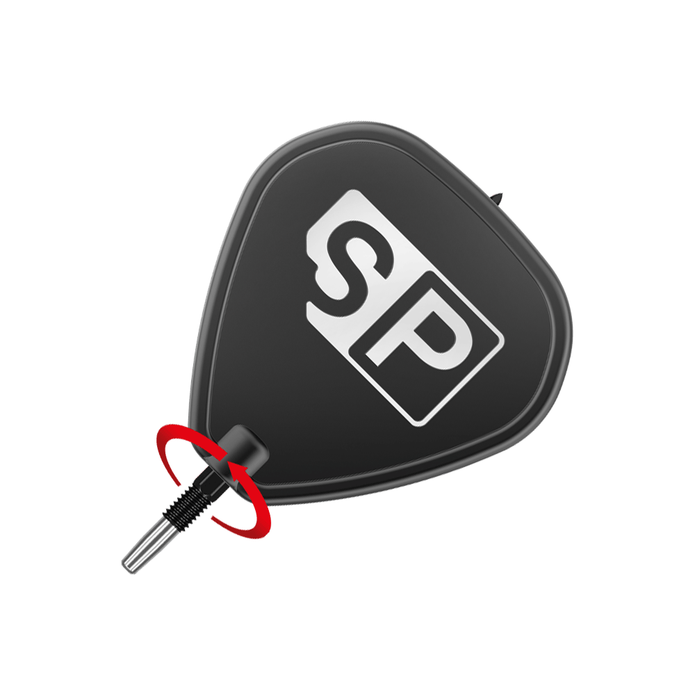 Pointes de fléchettes Target Swiss Point Black Das Bild zeigt eine schwarze Dartspitze mit der weißen Aufschrift "SP". Im unteren Bereich ist ein rotes Element zu sehen, das die Spitze hervorhebt.