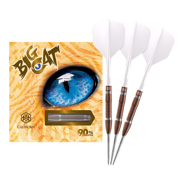Fléchettes en acier Caliburn Big Cats Lion Das Bild zeigt ein vollständiges Set Caliburn Big Cats Lion Steeldarts. Die Darts sind in voller Länge sichtbar.