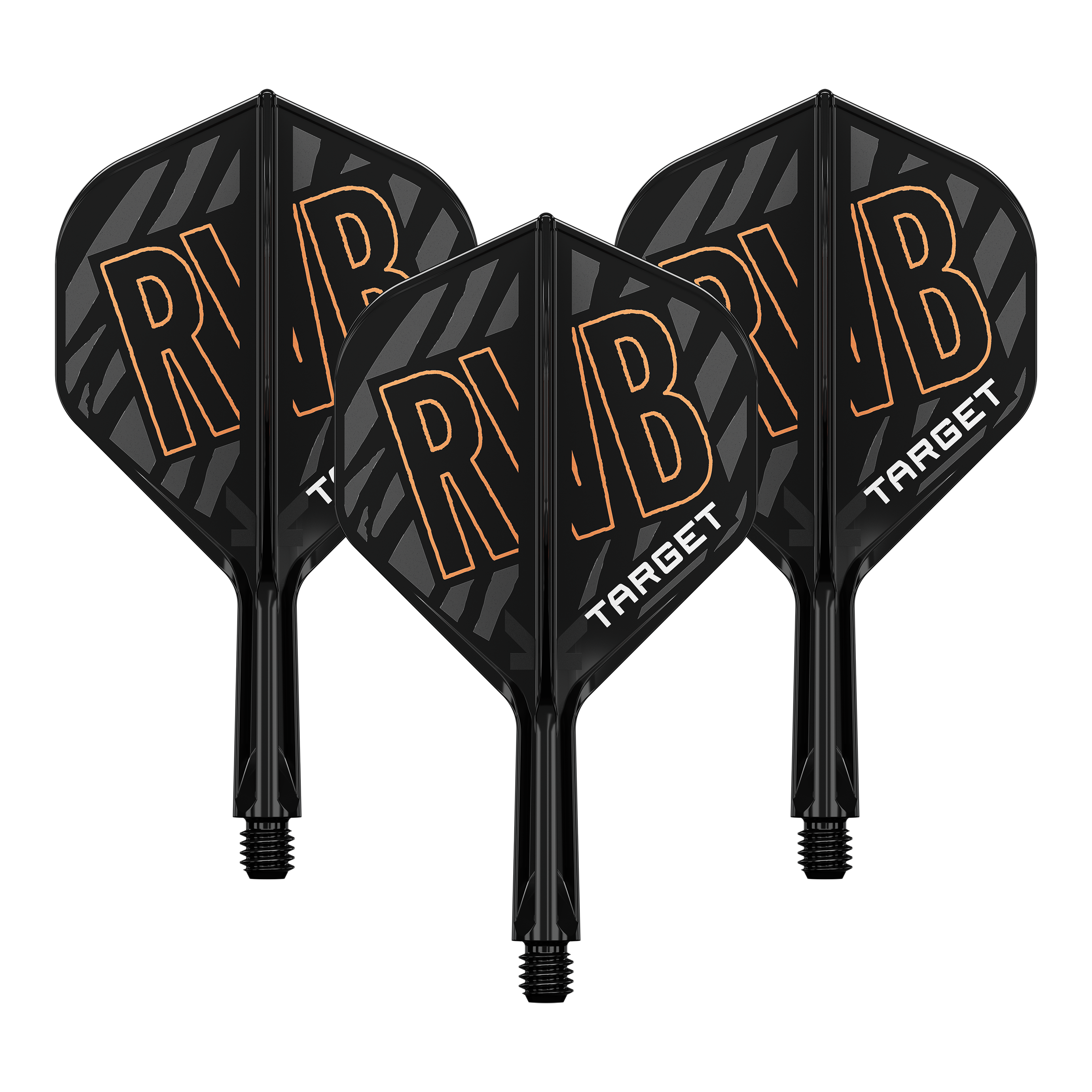 Système d'arbre de vol standard Target K-Flex Raymond Van Barneveld No2 Auf dem Bild sind drei schwarze Dart Flights mit dem orangefarbenen Schriftzug "RVB" zu sehen. Unten auf den Flights steht in weißer Schrift das Wort "TARGET".