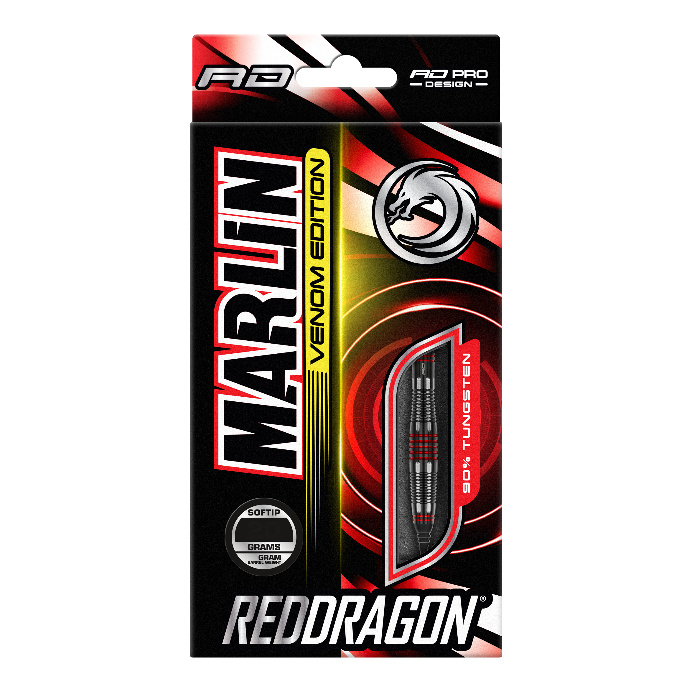Fléchettes souples Red Dragon Marlin Venom - 22 g Die Abbildung zeigt die Verpackung der "Red Dragon Marlin Venom Softdarts - 22g". Die Verpackung ist schwarz-rot gestaltet und hebt die Darts mit 90% Tungsten-Anteil hervor.