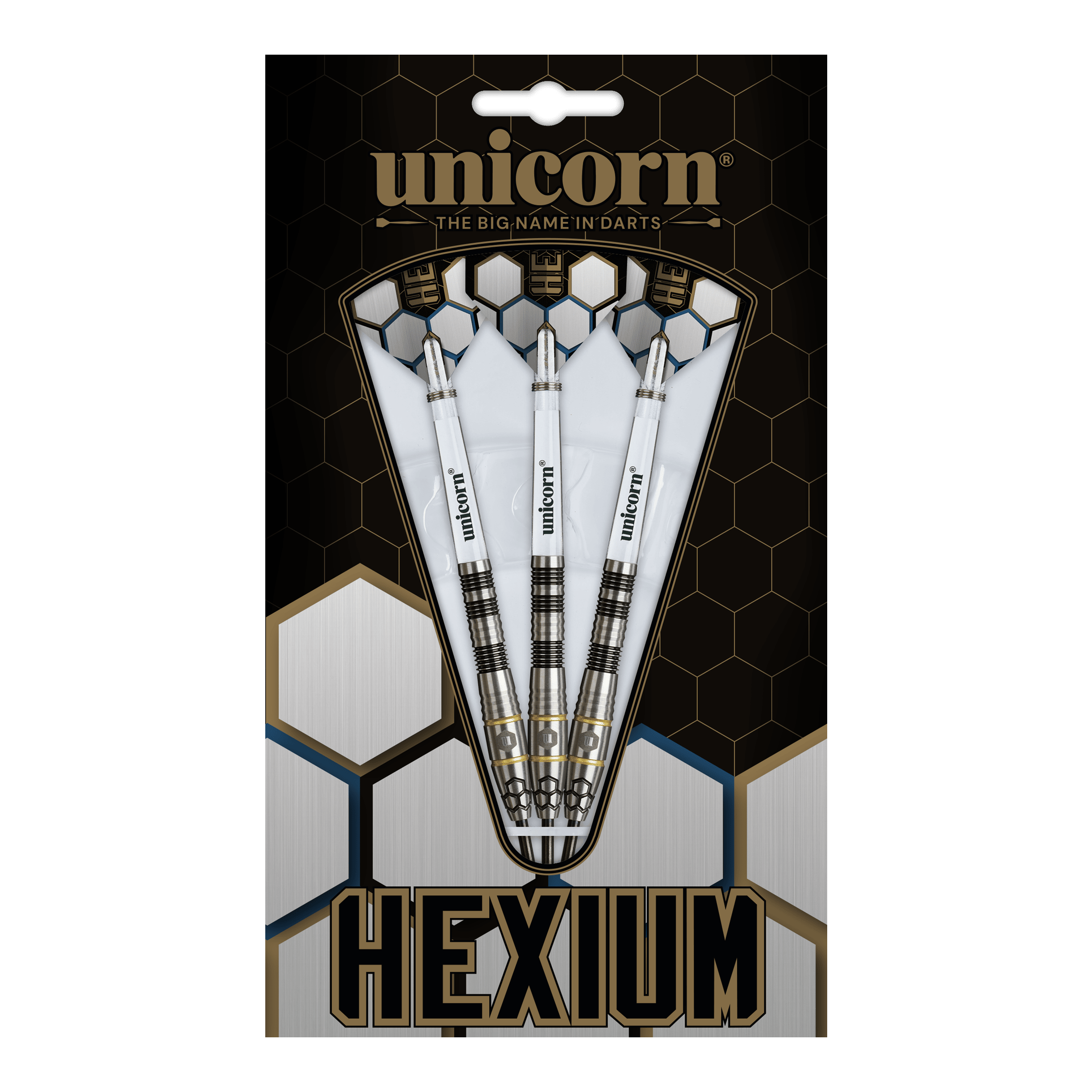 Fléchettes en acier Unicorn Hexium Style 01 Noir et Or Unicorn Hexium Style 01 Black & Gold Steeldarts sind auf diesem Bild abgebildet. Die Abbildung zeigt die schwarzen und goldenen Steeldarts in Nahaufnahme.