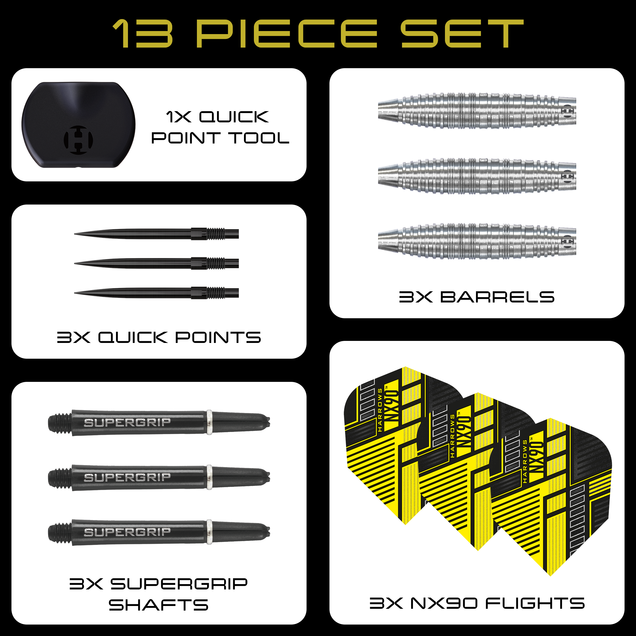 Das ist ein Bild der Harrows NX90 Bomb Quick Point Steeldarts. Sie eignen sich besonders für Präzisionswürfe beim Dartspiel.