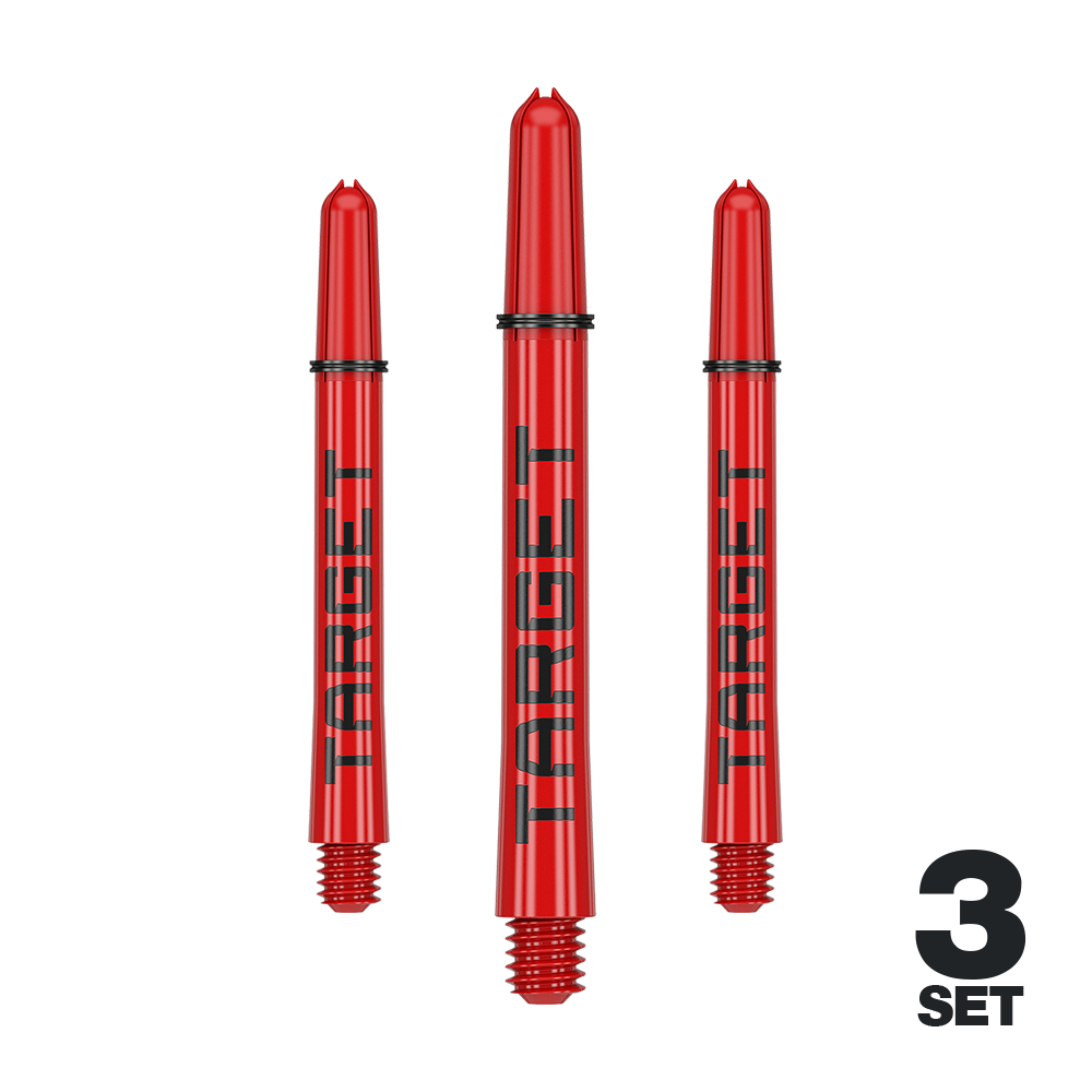 Tiges Target Pro Grip TAG - 3 jeux - Rouge Das Bild zeigt drei rote Dartschäfte mit der Aufschrift "TARGET". Unten rechts steht "3 SET", was auf ein Set mit drei Stück hinweist.