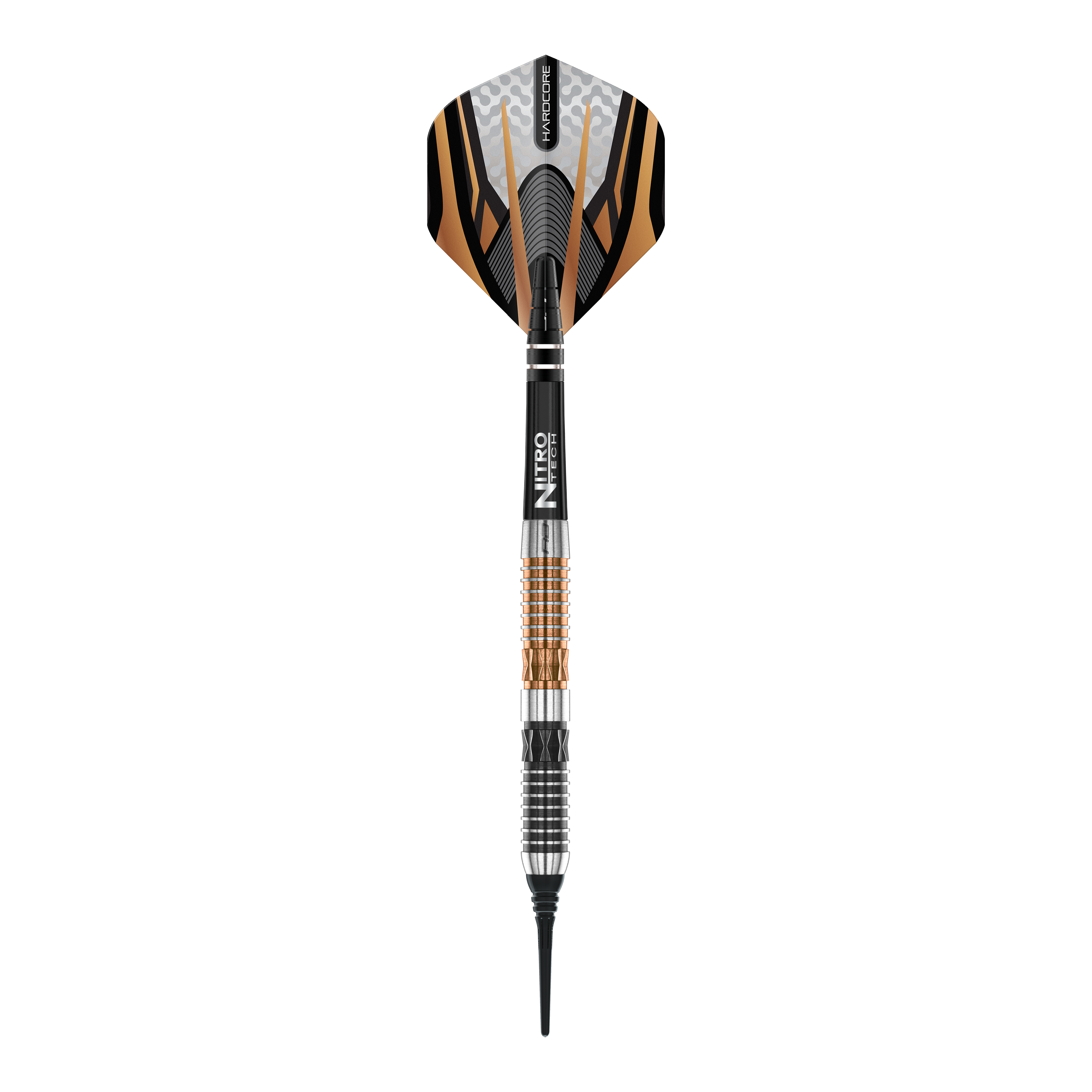 Fléchettes souples Red Dragon Panterra - 20 g Das Bild zeigt einen Red Dragon Panterra Softdart mit einem Gewicht von 20g. Der Dart hat ein markantes Design mit schwarzen, goldenen und silbernen Elementen.