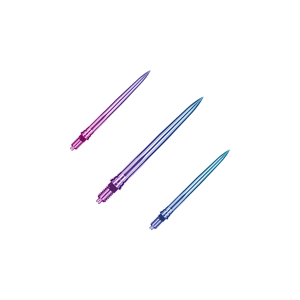 Ein Bild mit dem Dateinamen EVO189_Caliburn_EZ-EVO_Dartspitzen_Smooth_Rainbow_28mm_1Set. Es handelt sich wahrscheinlich um ein Set von Dartspitzen in Regenbogenfarben mit 28 mm Länge.