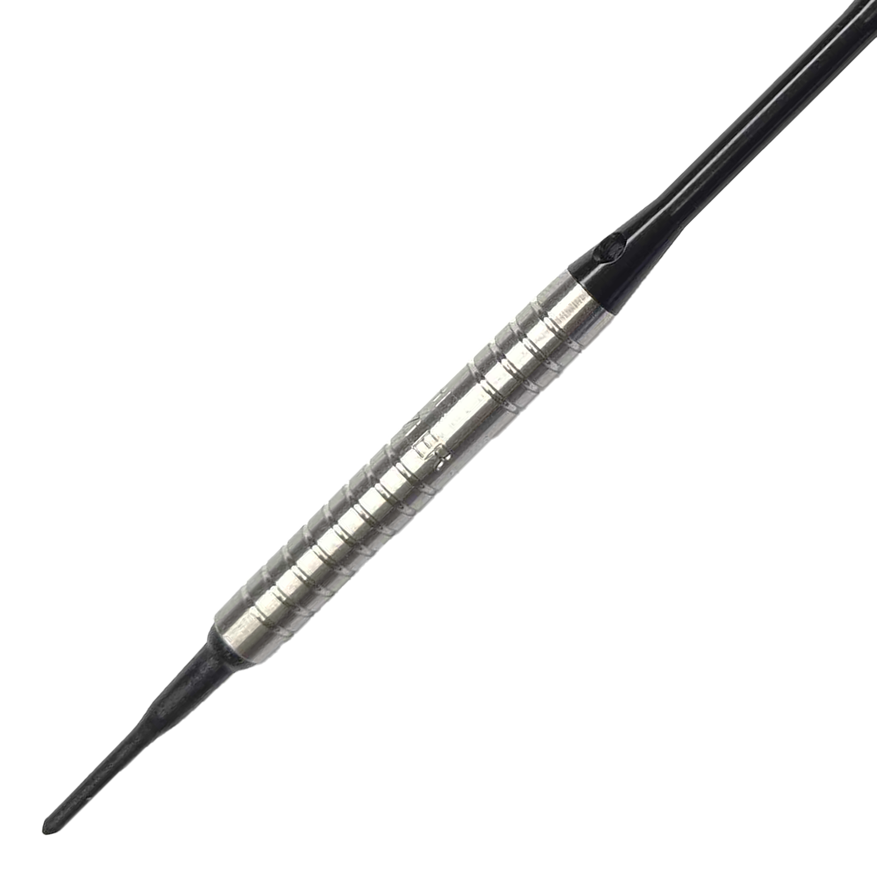 Fléchettes souples McDart 85 Tungstène V16 - 16,5 g Das Bild zeigt einen McDart 85er Tungsten V16 Softdart mit einem Gewicht von 16,5 Gramm. Der Dartpfeil hat einen silbernen, geriffelten Schaft und eine schwarze Spitze.