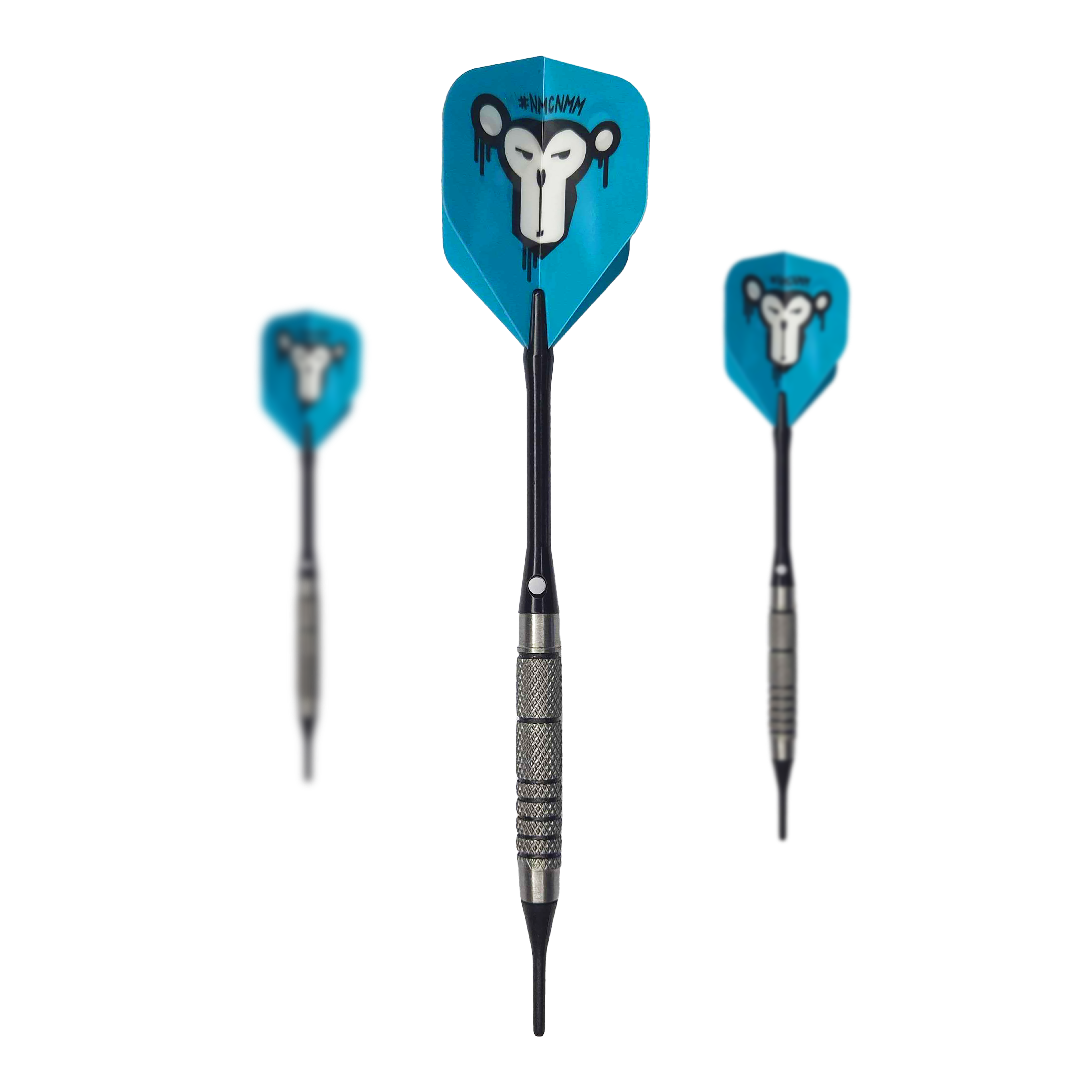 Fléchettes souples McDart 85 Tungstène V10 - 17,5 g Das Bild zeigt drei Softdarts des Modells "McDart 85er Tungsten V10" mit einem Gewicht von 17,5g. Die Flights der Darts sind blau und mit einem Affenkopf-Motiv bedruckt.