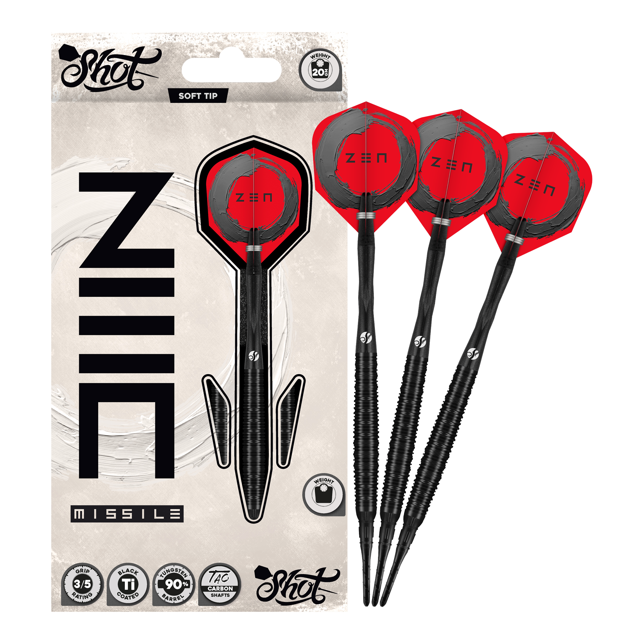 Fléchettes souples Shot ZEN Missile - 20 g Auf dem Bild ist der vollständige Satz der Shot ZEN Missile Softdarts - 20g zu sehen. Diese Pfeile sind für anspruchsvolle Dartspieler konzipiert.