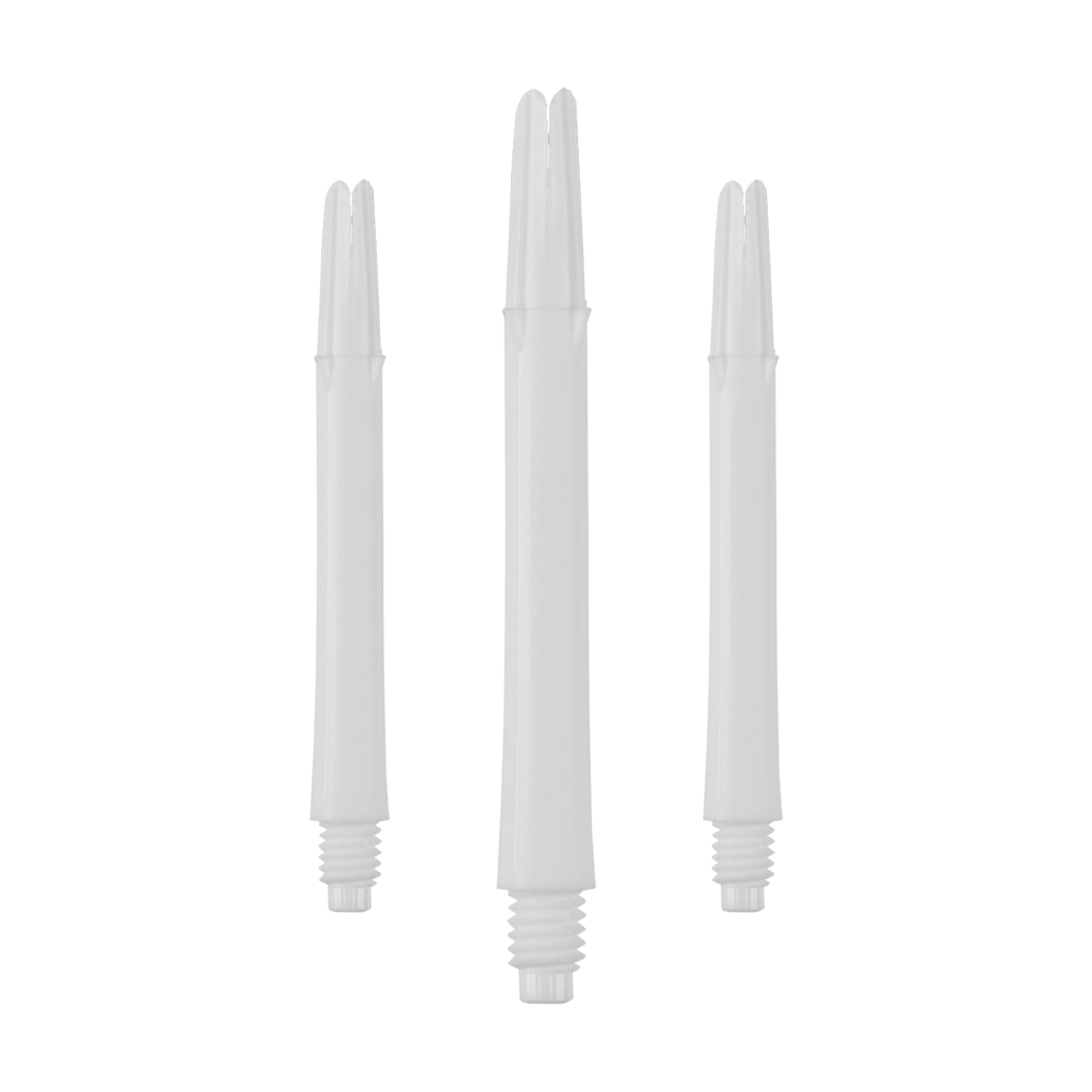 Arbres en L verrouillés droits - Blanc Das Bild zeigt drei weiße, gerade Dartschäfte mit Gewinde. Sie stehen aufrecht und sind ohne Kappen dargestellt.