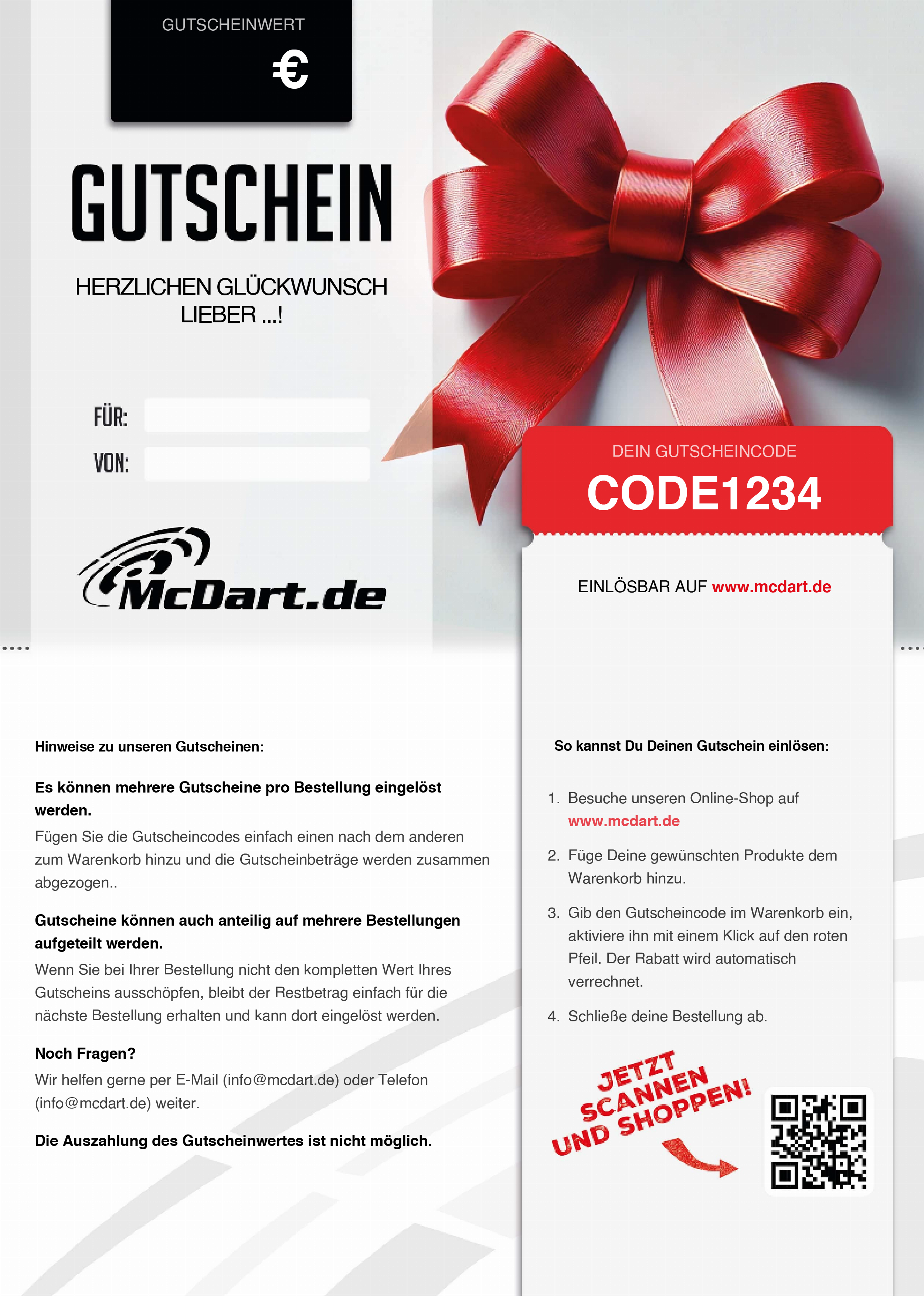 Bon d'achat - Ruban rouge Das Bild zeigt einen Geschenkgutschein von McDart.de mit einer großen roten Schleife. Rechts befindet sich ein Feld mit einem Gutscheincode und einer Anleitung zur Einlösung des Gutscheins.