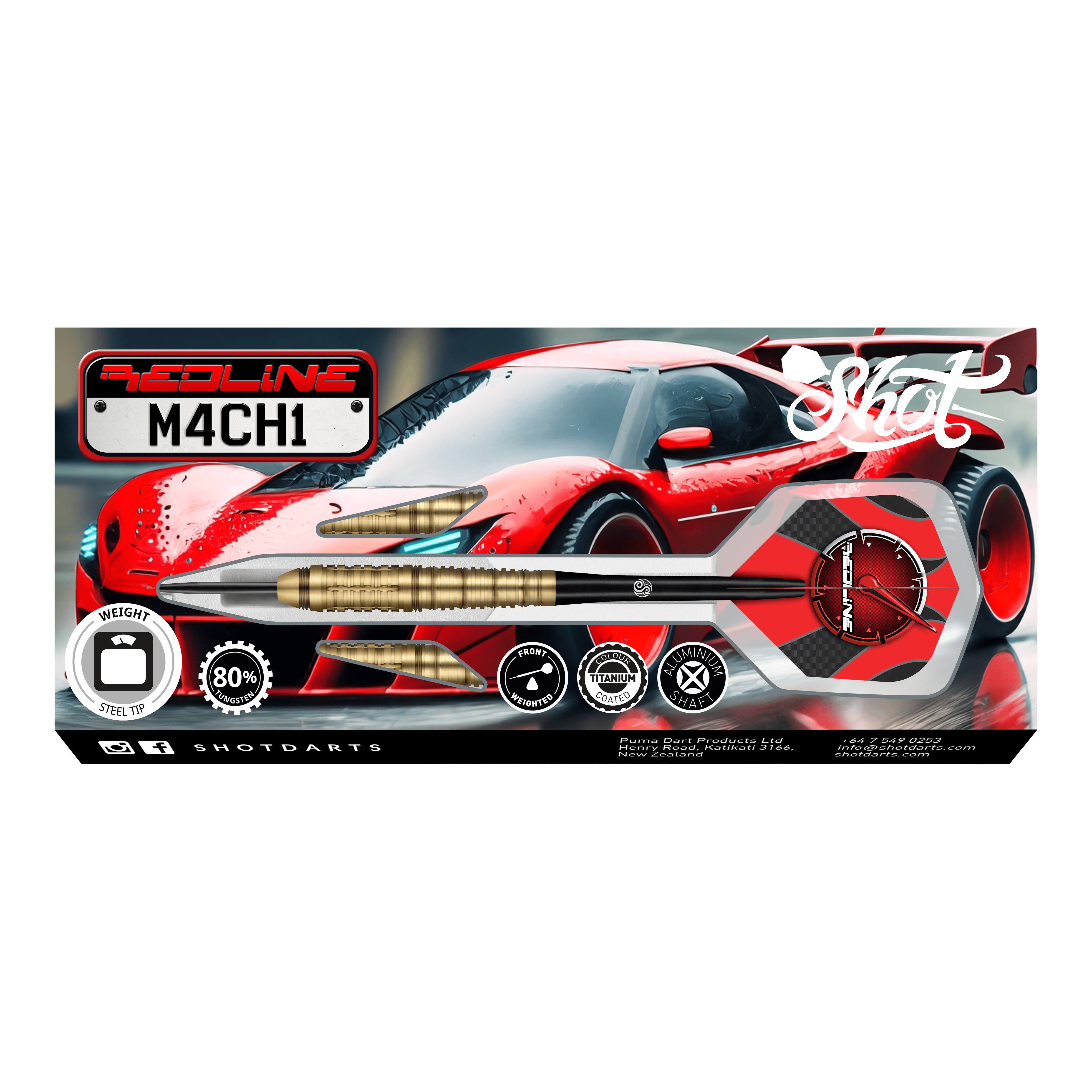 Fléchettes en acier Shot Redline Mach 1 Das Bild zeigt die Verpackung der "Shot Redline Mach 1 Steeldarts" vor einem roten Sportwagen. Auf der Verpackung sind die Darts sowie verschiedene Produktsymbole und das Logo gut sichtbar abgebildet.