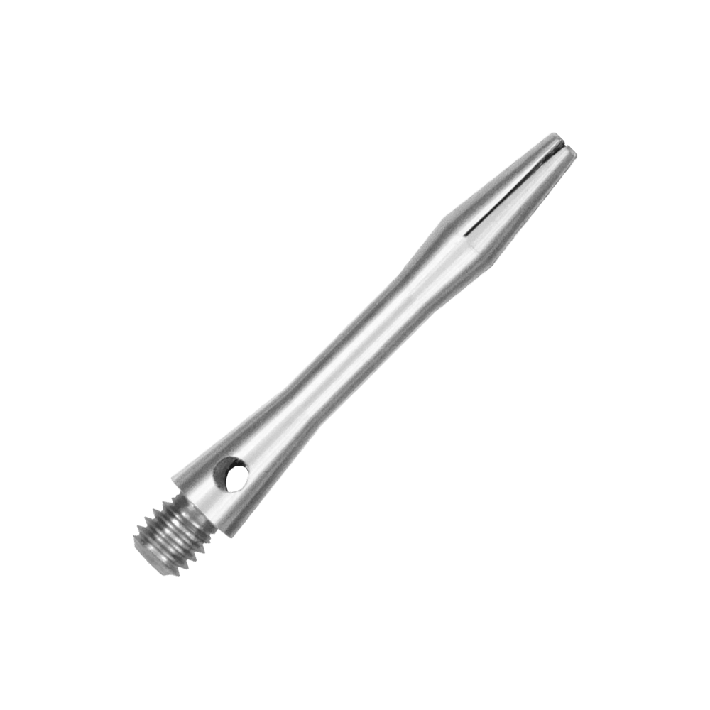 517_Aluminium_Shafts_Silber_35mm_2 Das Bild zeigt einen silbernen Aluminiumschaft. Der Schaft hat ein glattes, glänzendes Design mit einem Gewinde am Ende.