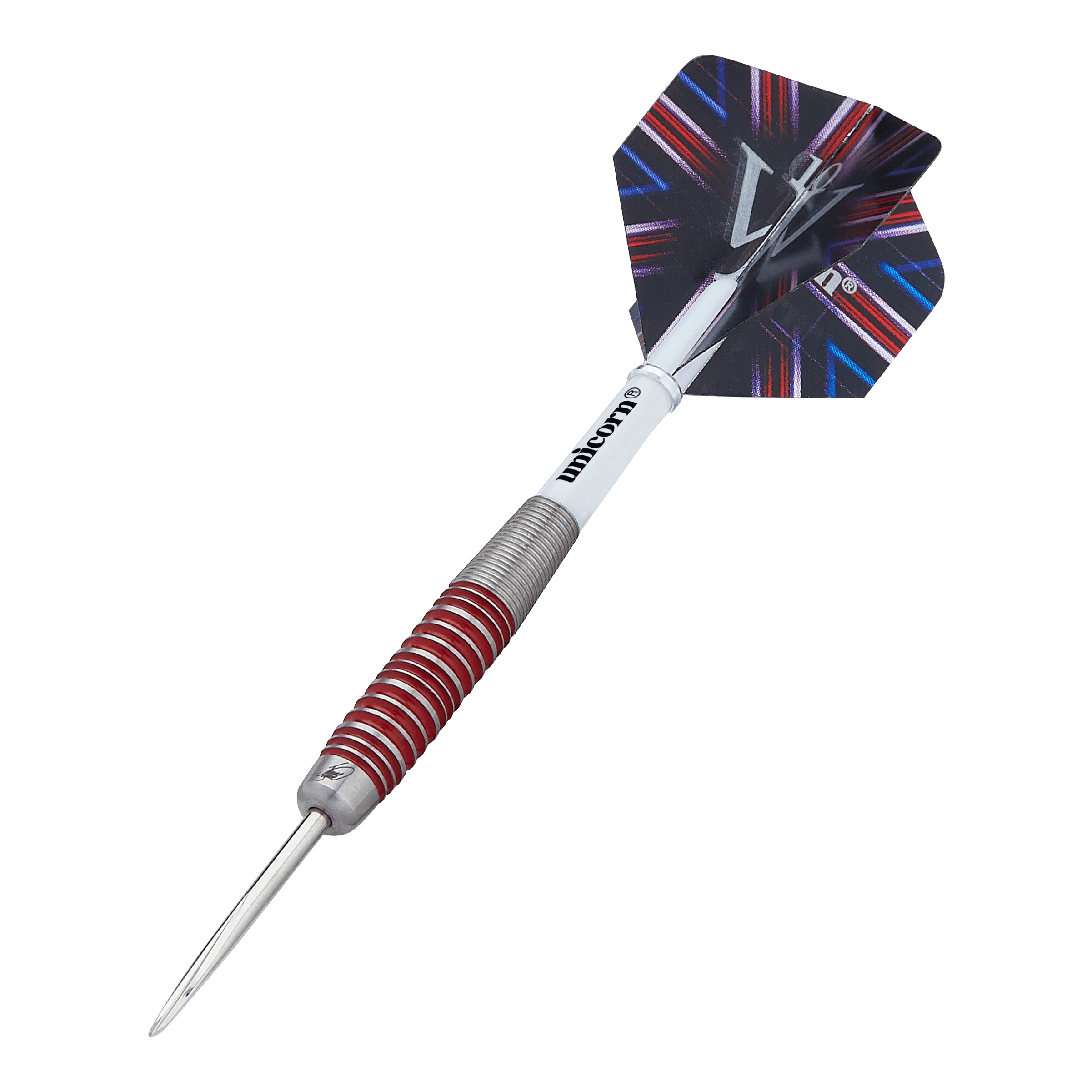 Fléchettes Unicorn The Machine James Wade 90% acier Das Bild zeigt einen Steeldart der Marke "Unicorn The Machine James Wade 90%". Der Dart hat einen silbernen Griff mit roten Ringen und eine bunte Flightscheibe am Ende.