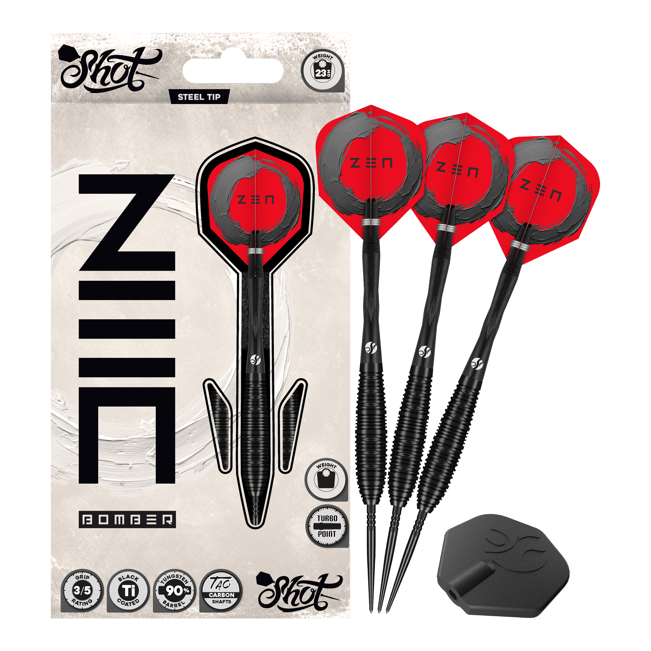 Fléchettes en acier Shot ZEN Bomber Turbo Point Auf dem Foto ist das Set Shot ZEN Bomber Turbo Point Steeldarts vollständig abgebildet. Dieses Set enthält alle notwendigen Darts für das Spiel.