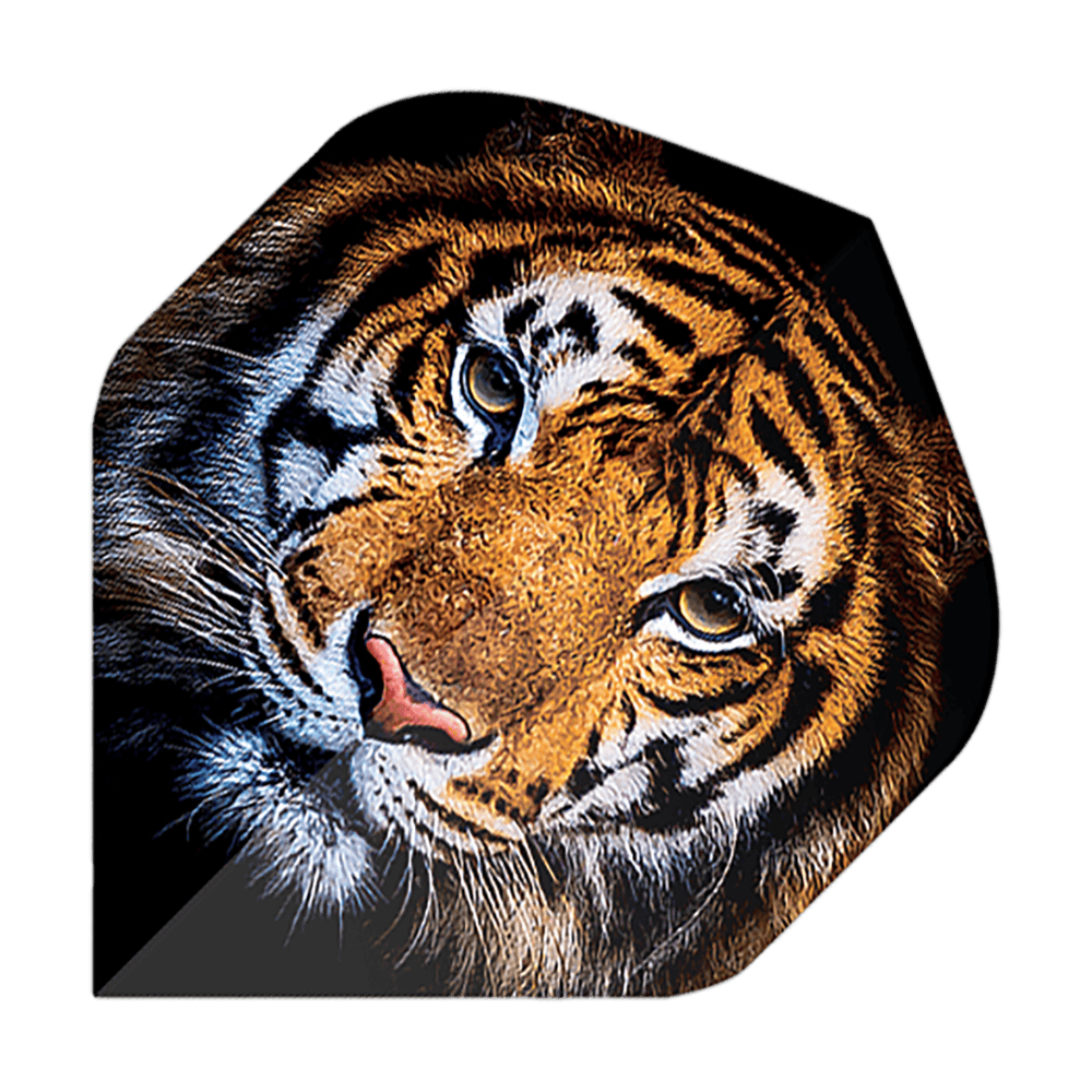 Pentathlon Vols Tigre Das Bild zeigt einen Dartflug mit dem Motiv eines realistisch gezeichneten Tigerkopfes. Es handelt sich um das Produkt "Pentathlon Tiger No2 Standard Flights".