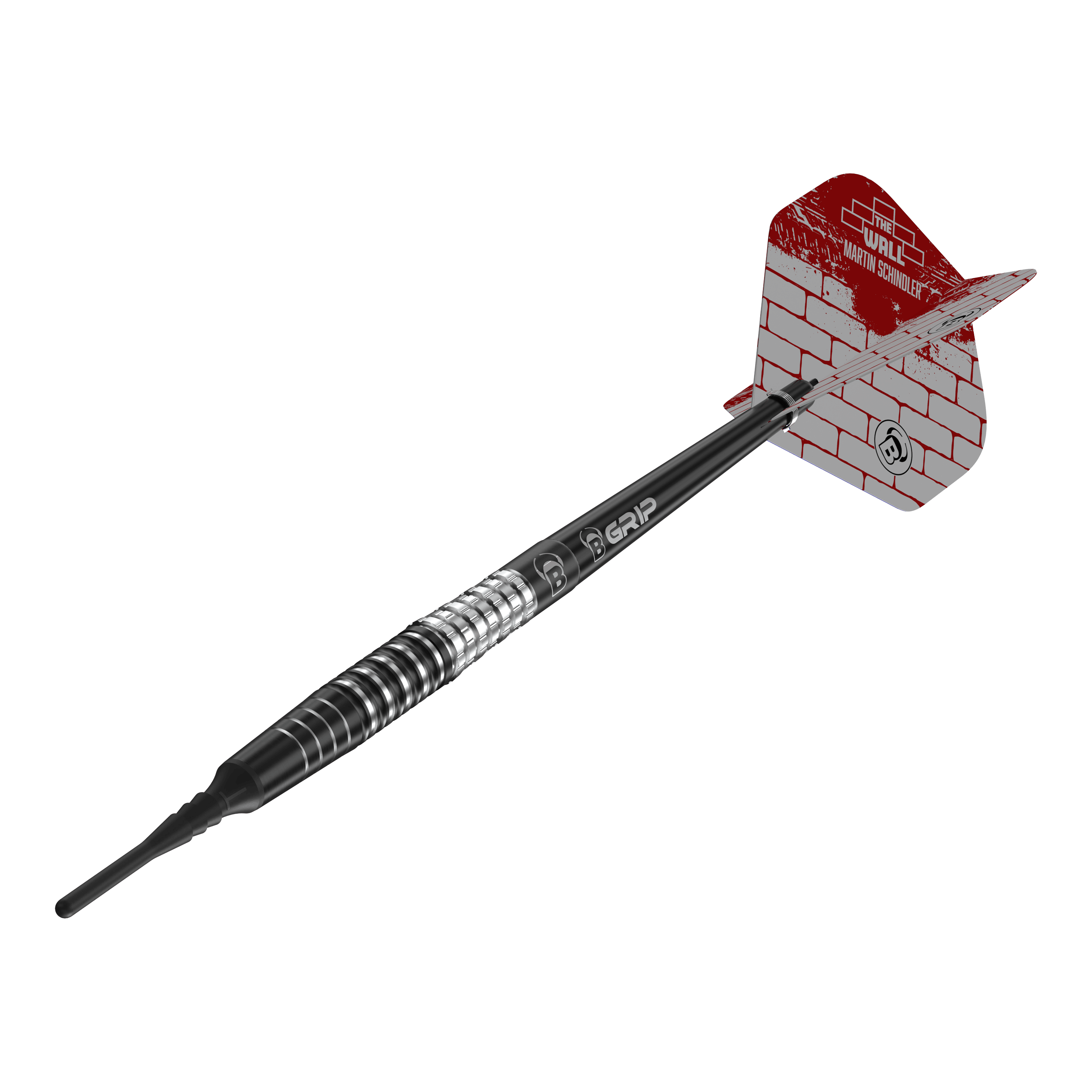 Das Bild zeigt einen Softdart aus der Serie "Bulls Martin Schindler Original Generation 3". Der Dart hat ein schwarzes und silbernes Barrel sowie eine rot-weiße Flight mit Mauerstein-Design.