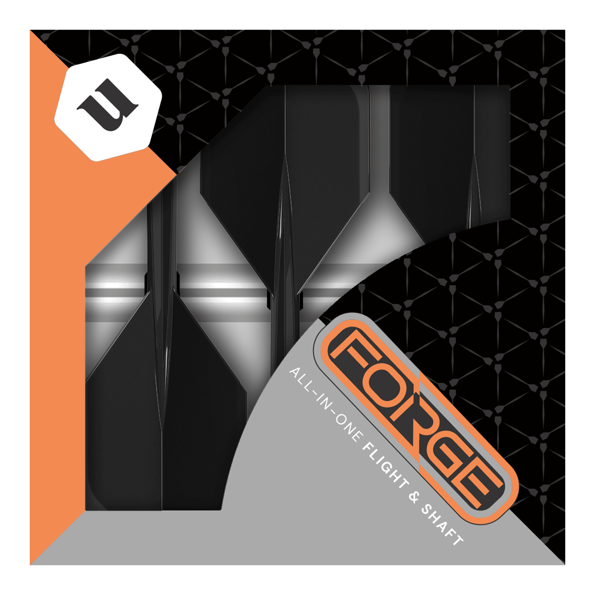 Ailettes standard Unicorn Forge All In One Plus No2, noires - Moyennes Das Bild zeigt die Verpackung der „Unicorn Forge All In One Plus No2 Standard Flights Schwarz - Medium“. In der Packung sind schwarze Dart-Flights und -Shafts zusammen als Set zu sehen.