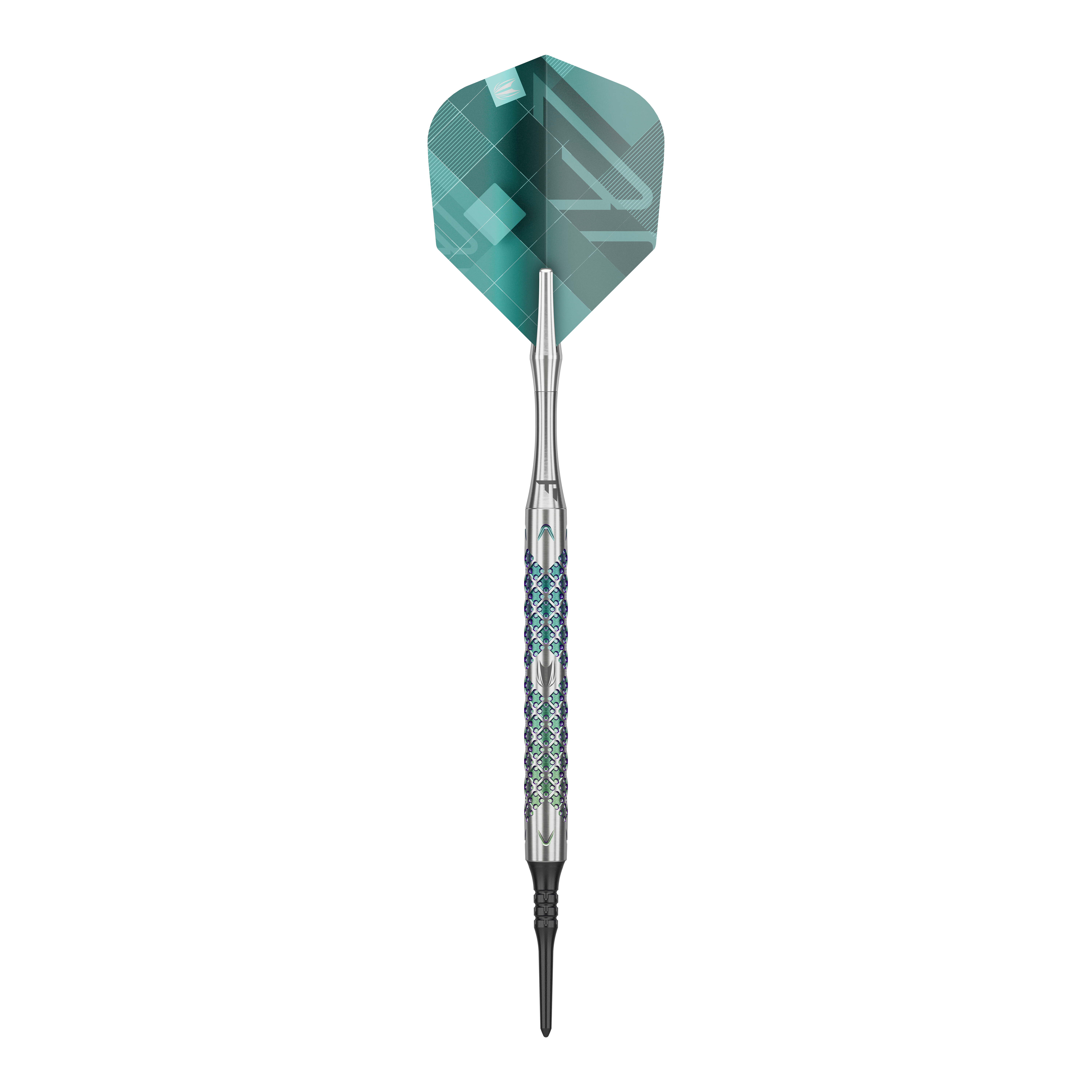 Target Rove 10 fléchettes souples Das Bild zeigt einen einzelnen Softdart der Marke Target Rove 10. Der Dart hat ein silbernes Griffstück mit farbigen Akzenten und grüne Flights.