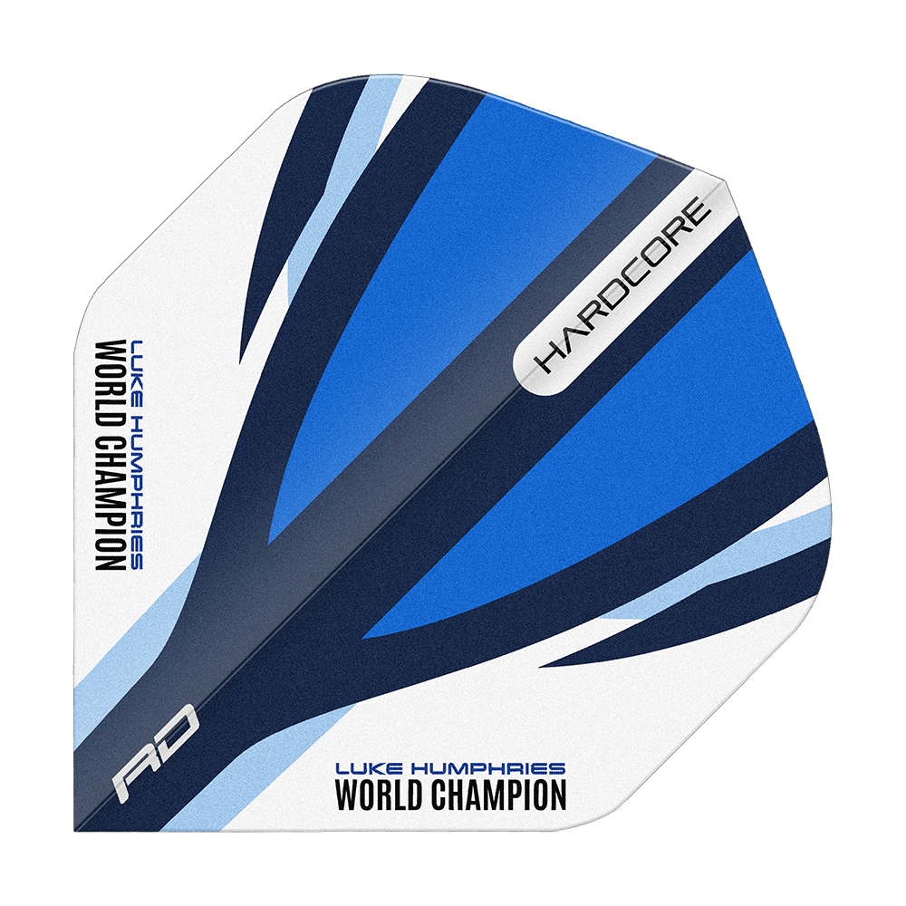 Vols Standard Bleu Blanc Red Dragon Hardcore Luke Humphries Das Bild zeigt einen Dart-Flight in den Farben Blau, Weiß und Schwarz mit dem Aufdruck "LUKE HUMPHRIES WORLD CHAMPION". Auf dem Flight stehen außerdem die Wörter "HARDCORE" und "RD".