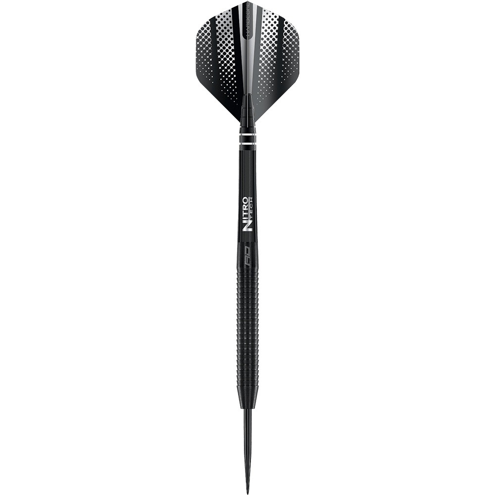 Das Bild zeigt einen schwarzen Steeldart mit dem Namen "Red Dragon Razor Edge". Der Dart hat ein modernes Design mit geriffeltem Griff und schwarzer Spitze.