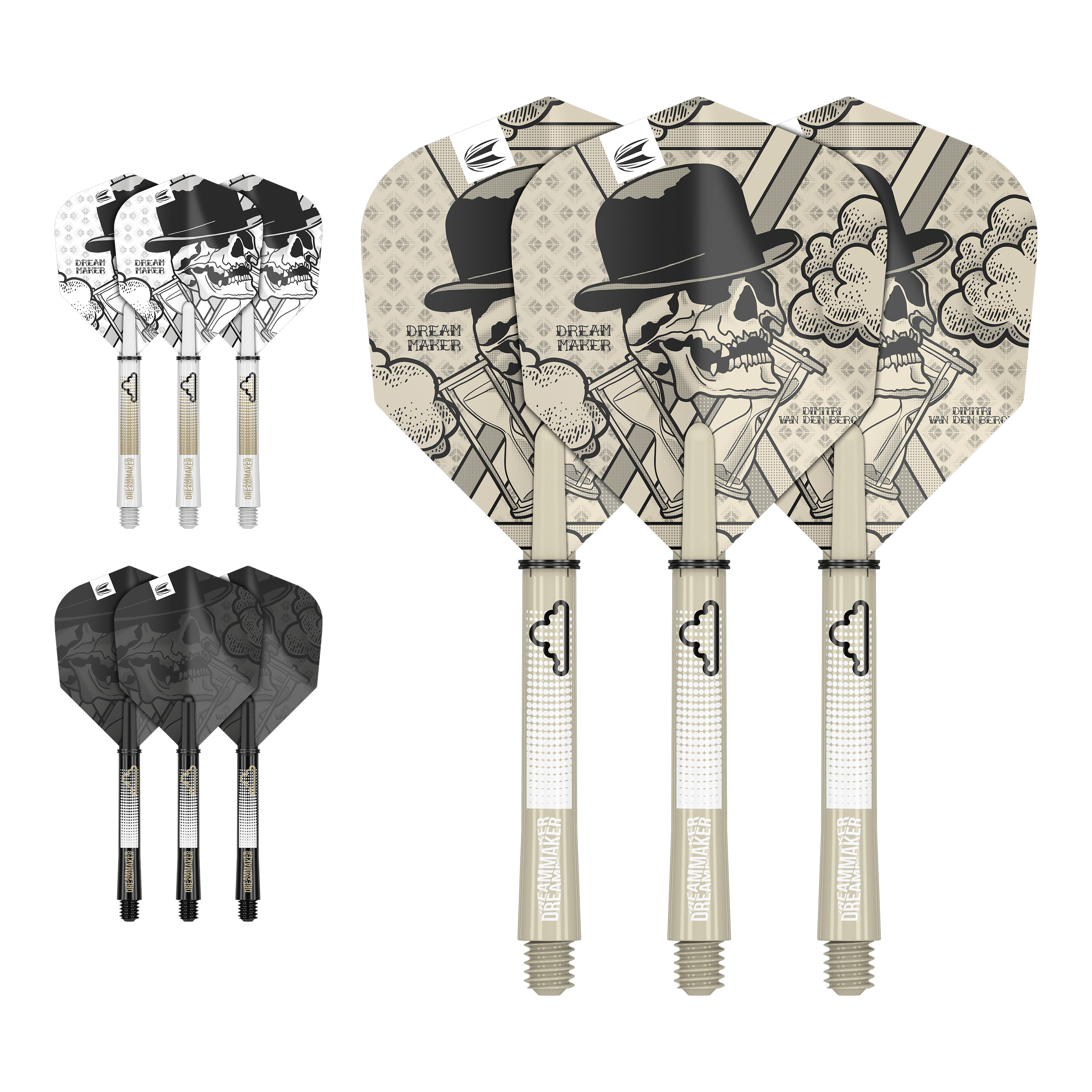 Kit de tige de vol Target Ink Dimitri Van Den Bergh Auf dem Bild sind drei Dartflights mit Schädel- und Hutdesign sowie der Aufschrift "Dream Maker" zu sehen. Zusätzlich gibt es zwei weitere Sätze Flights in verschiedenen Farben, jeweils mit passenden Shafts.