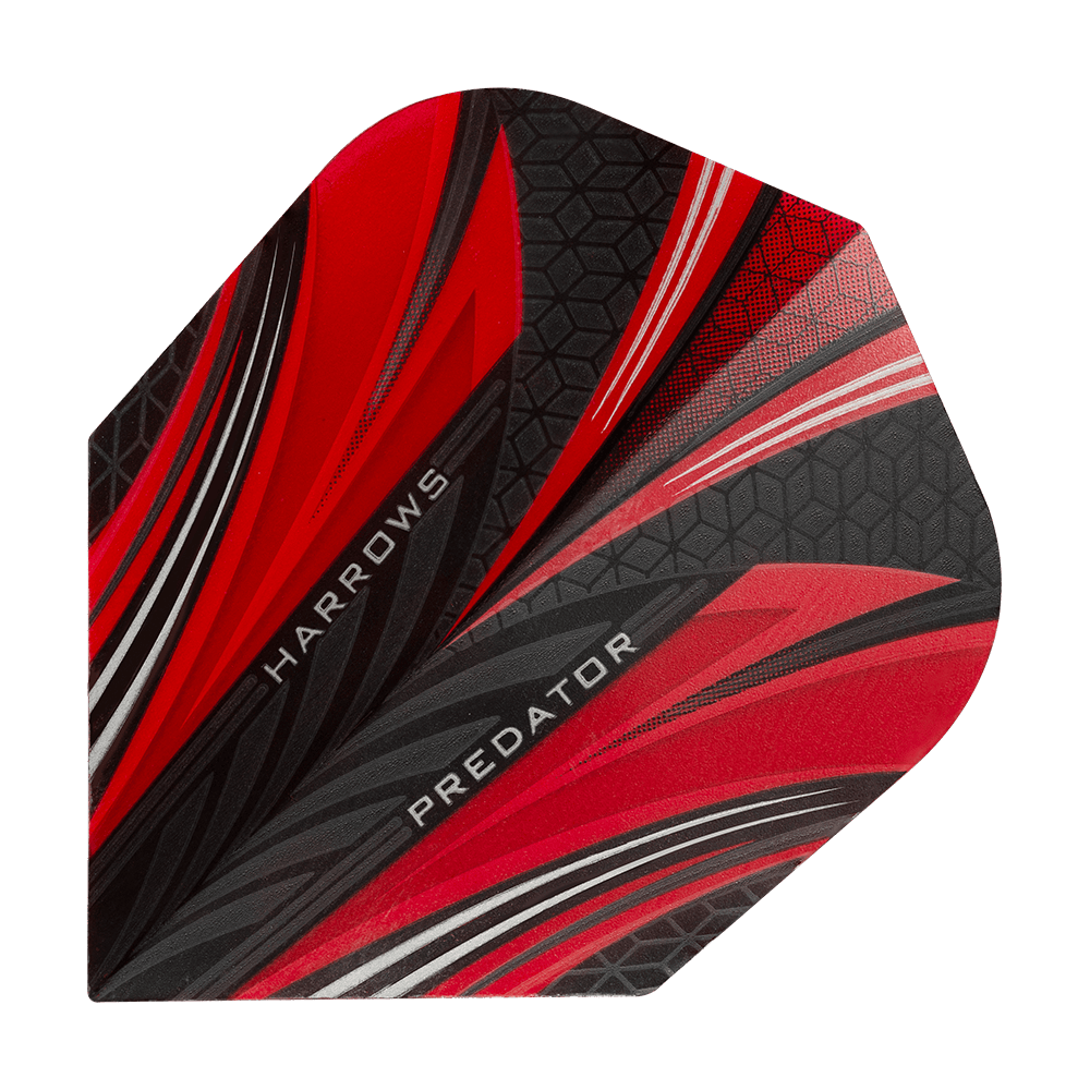 HR7518_Harrows_Prime_Predator_Rot_No2_Standard_Flights_1 Das Bild zeigt ein Dart-Flight mit dem Namen "Harrows Prime Predator Rot No2 Standard Flights". Das Design ist hauptsächlich rot und schwarz mit weißen Akzenten und geometrischen Mustern.