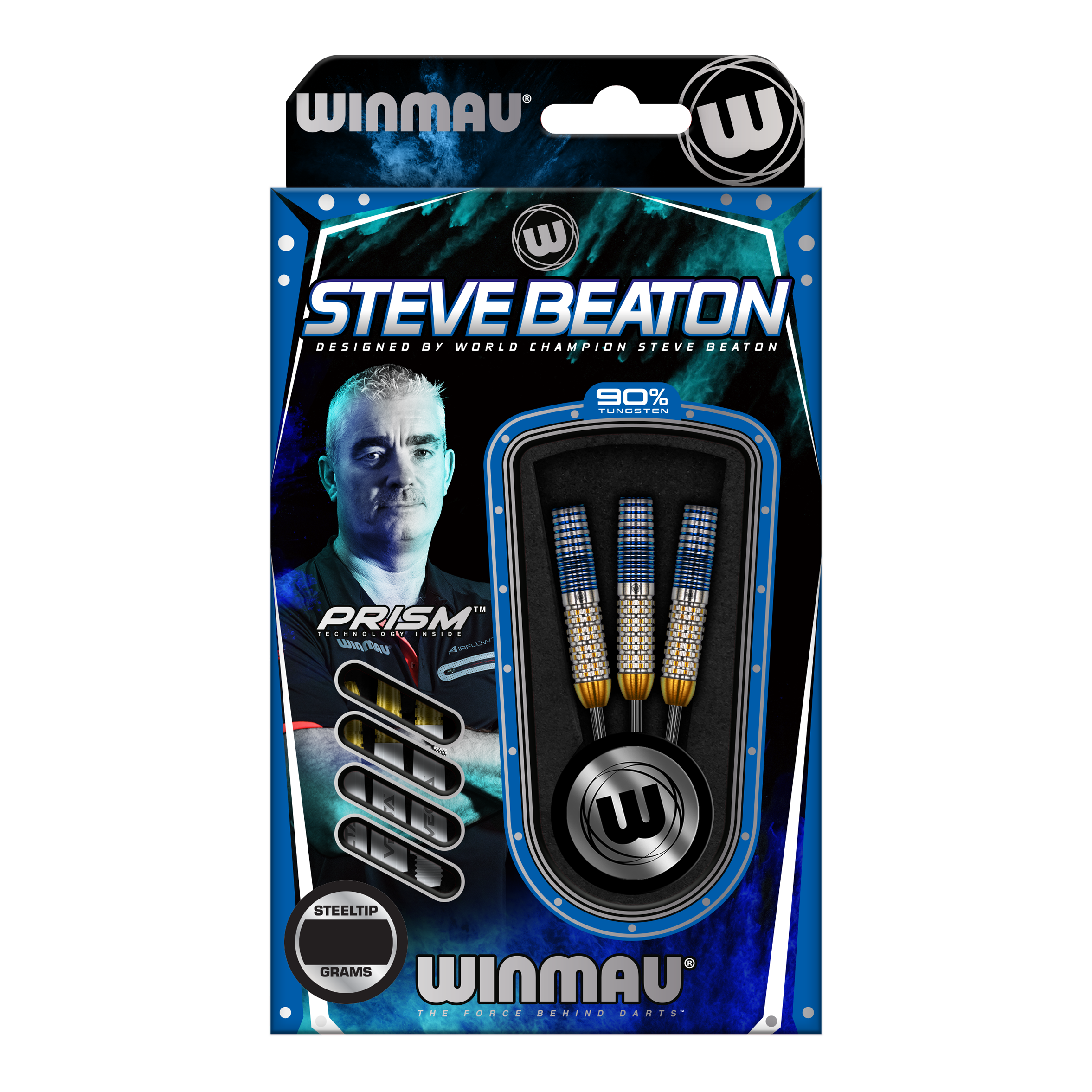 Fléchettes en acier Winmau Steve Beaton Legend Series Auf dem Bild ist eine Verpackung der "Winmau Steve Beaton Legend Series Steeldarts" zu sehen. Die Verpackung zeigt drei Steeldarts und ein Bild von Steve Beaton.